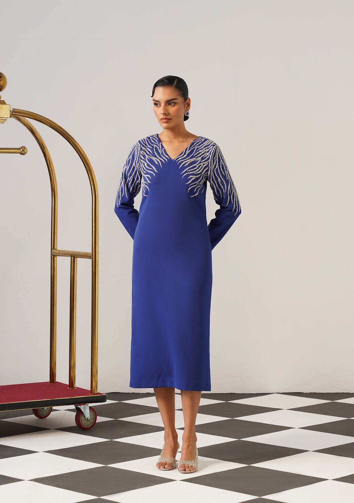 Blue Cutdana-Embellished V-Neck Midi Dress