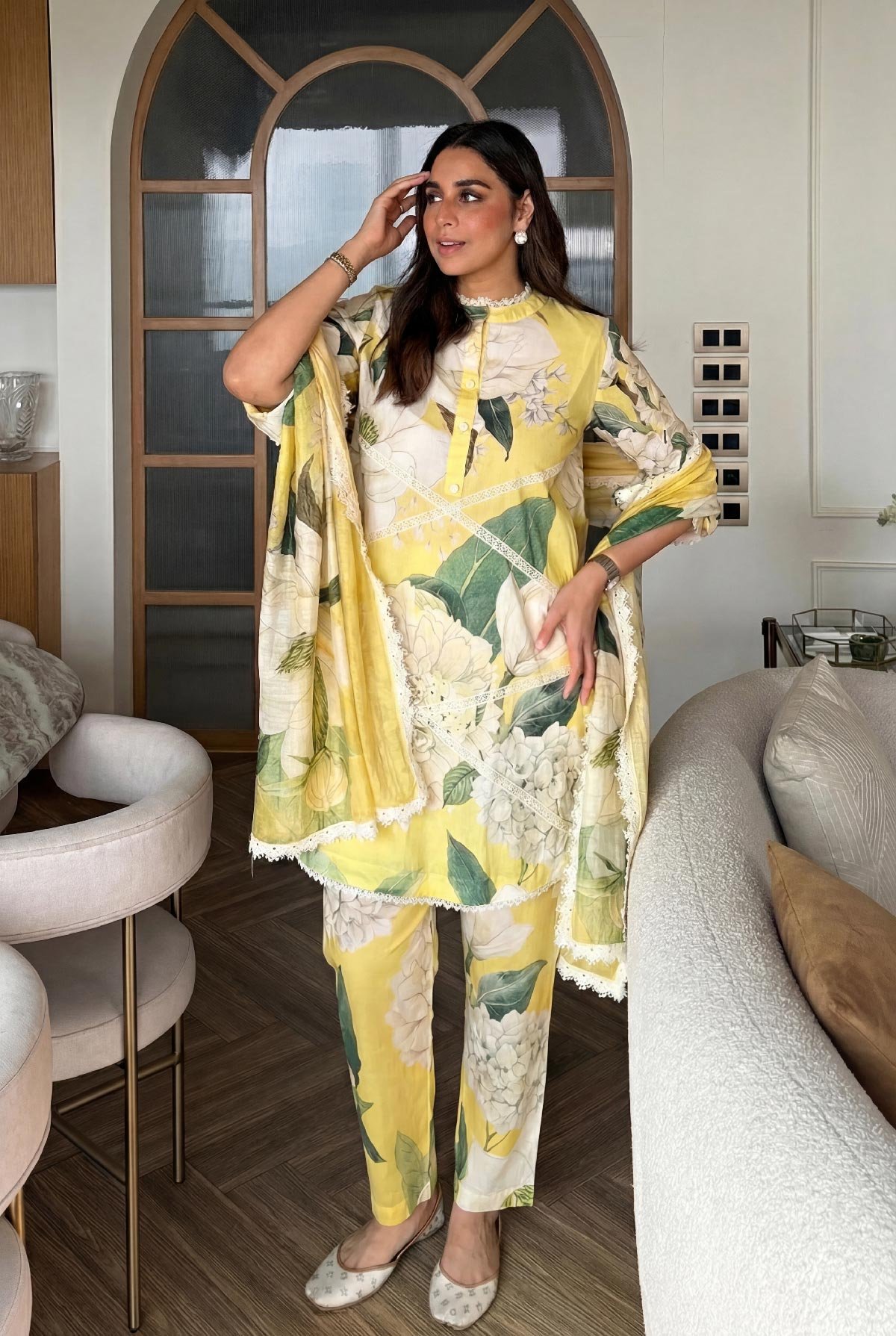 Yellow Floral Cotton Lawn Suit Set with Lace Trim