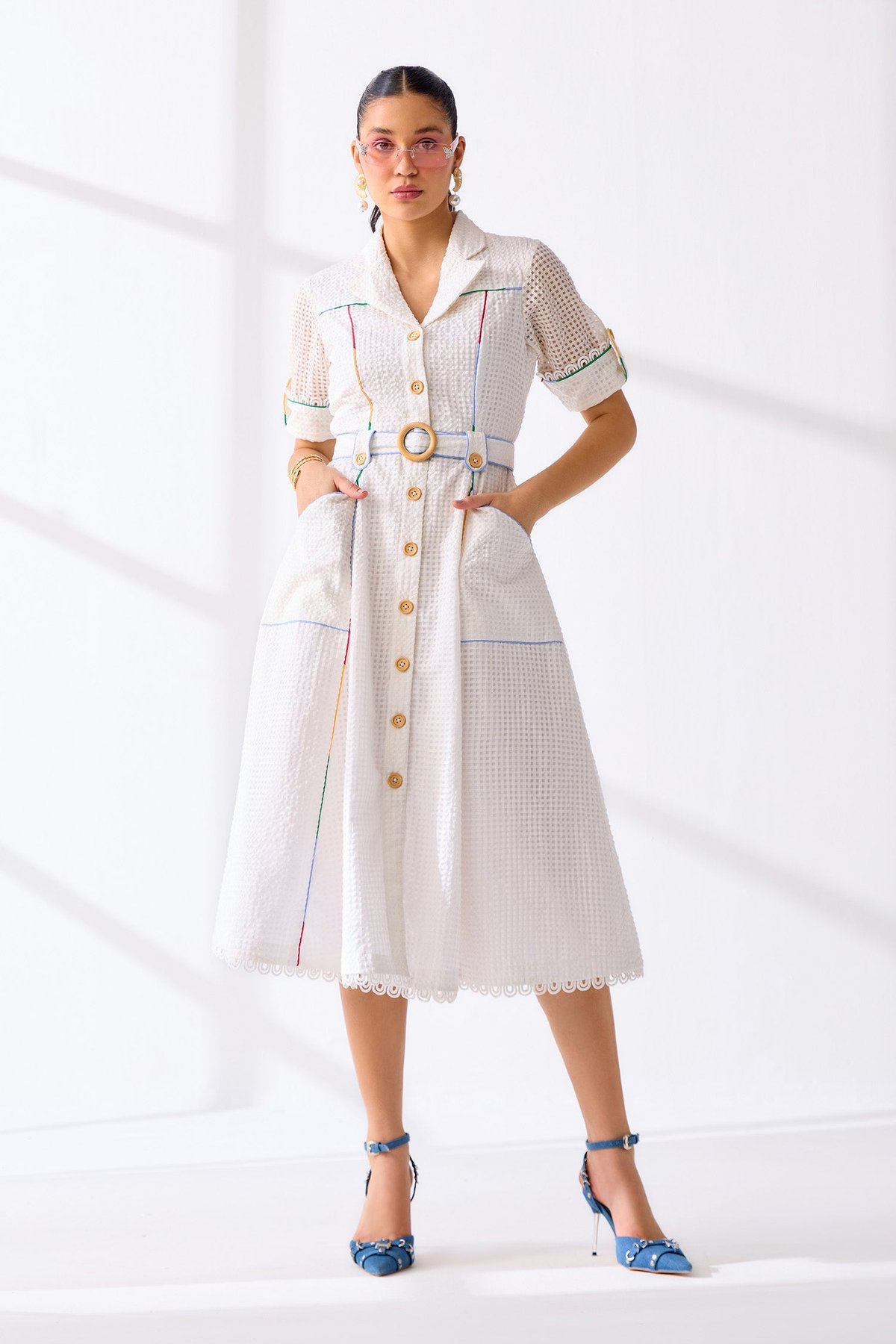 White Belted Midi Shirt Dress with Contrast Piping