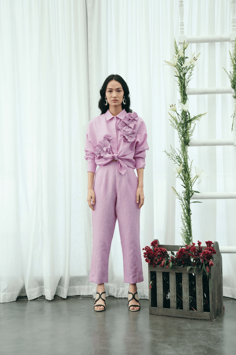 Purple Linen High-Rise Straight-Leg Trousers
