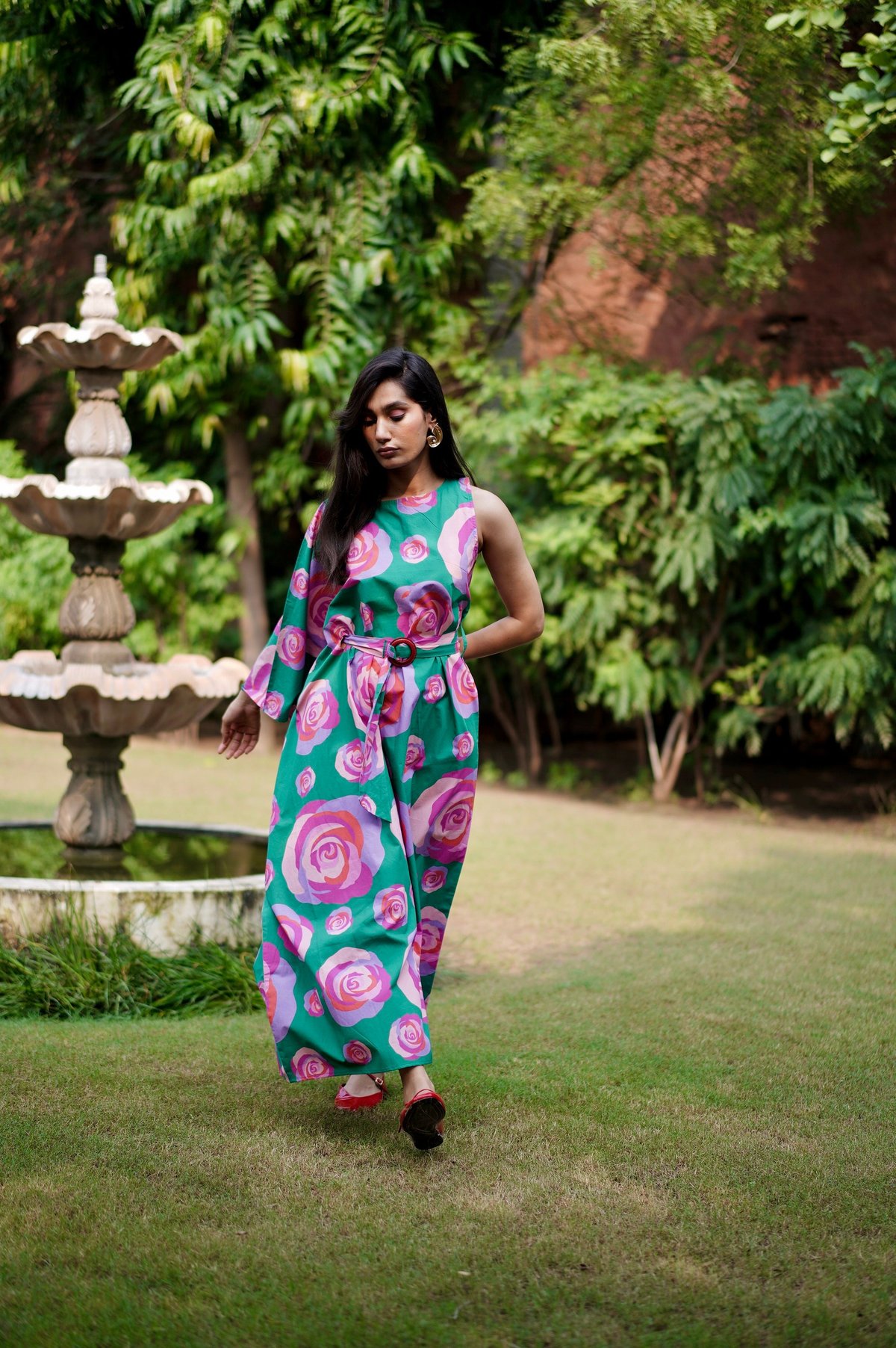 Green One-Shoulder Floral Kaftan Midi Dress with Belt