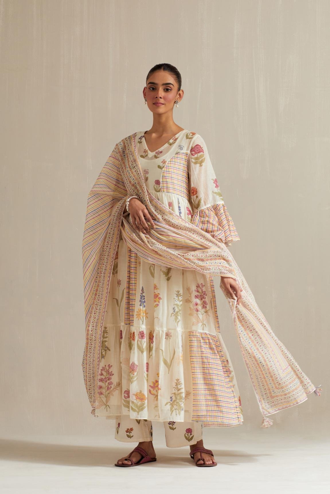 Off White Cotton Chanderi Kurta Dress Set