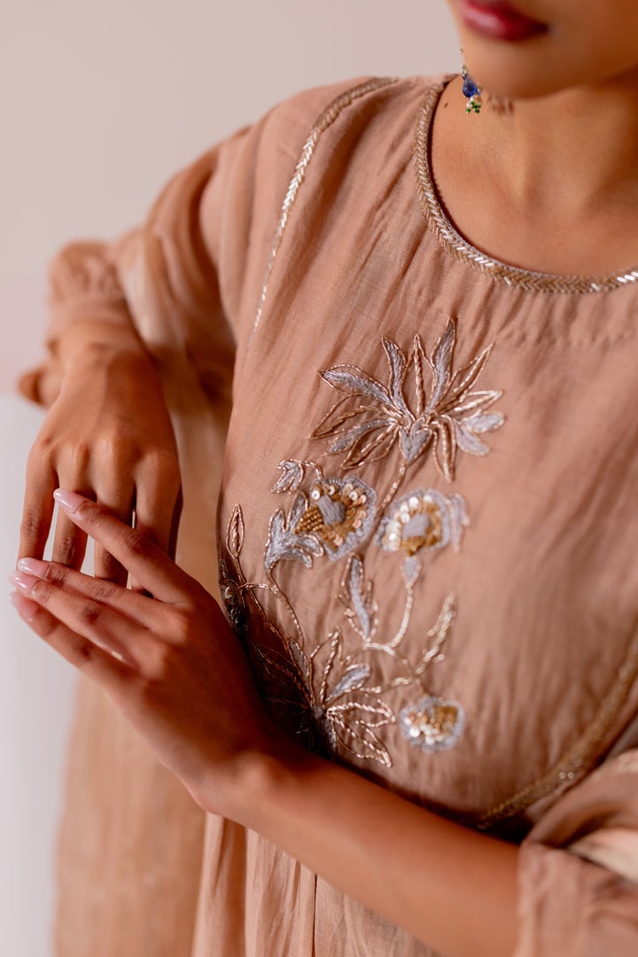 Beige Chanderi A-Line Kurta with Embroidered Yoke