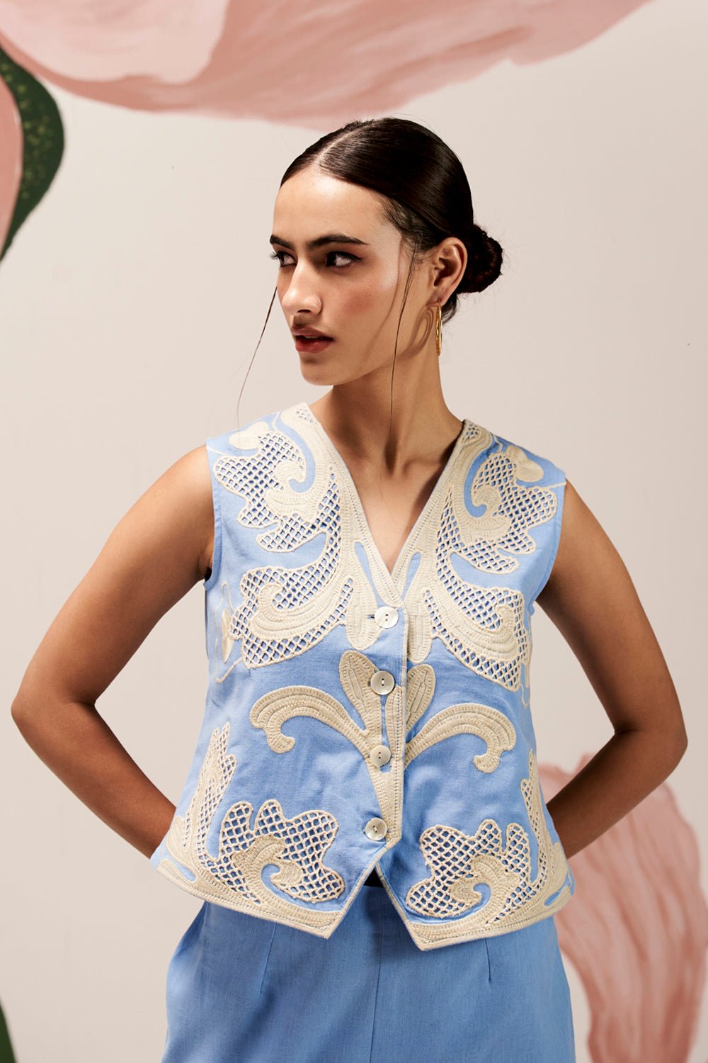 Blue Linen Cutwork Waistcoat and Wide-Leg Pants Co-ord Set