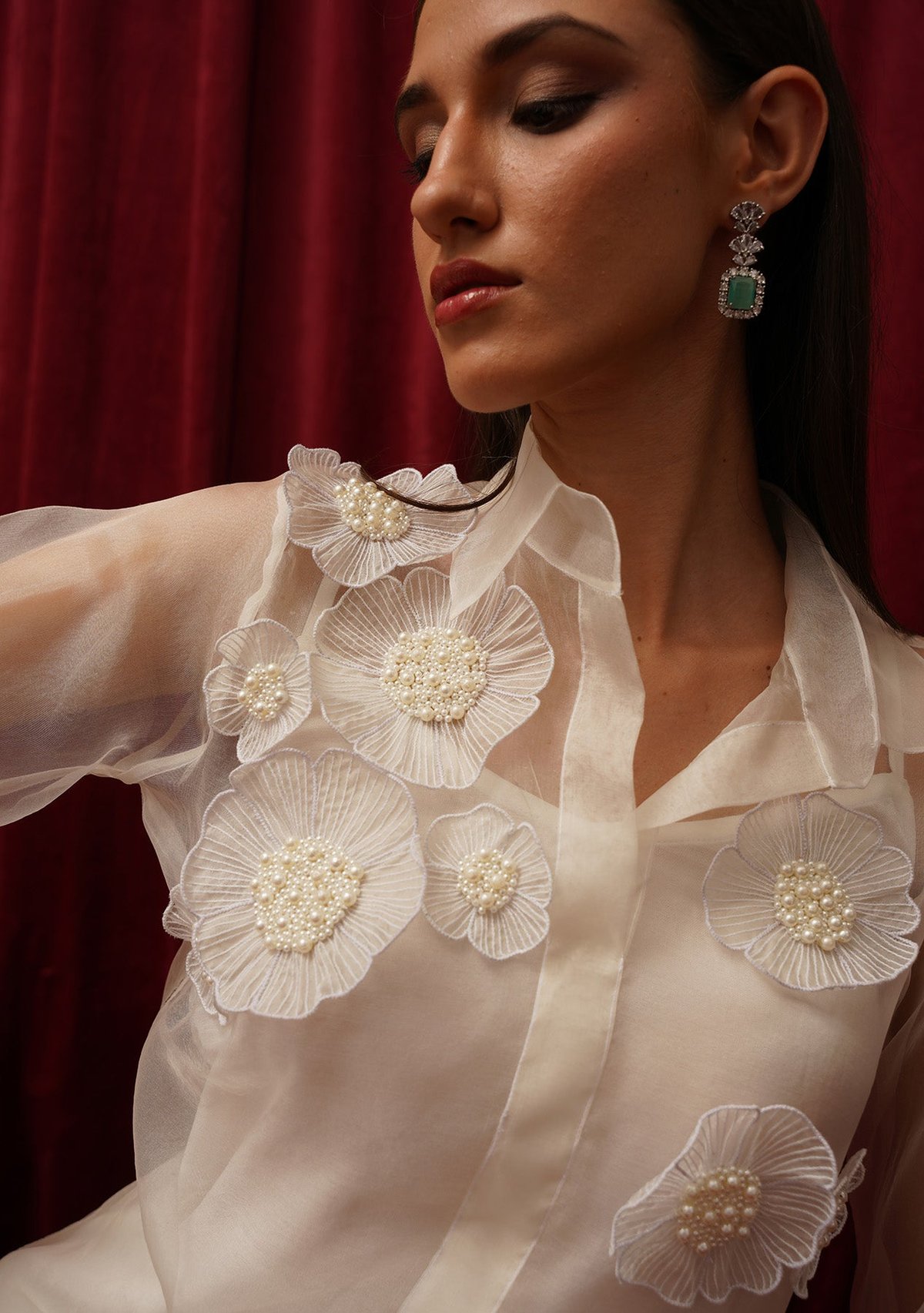 White Semi-Sheer Collared Silk Top with 3D Floral Applique