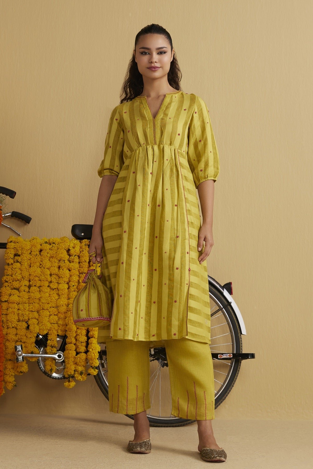 Mehndi Green Linen Striped Embroidered Kurta Set