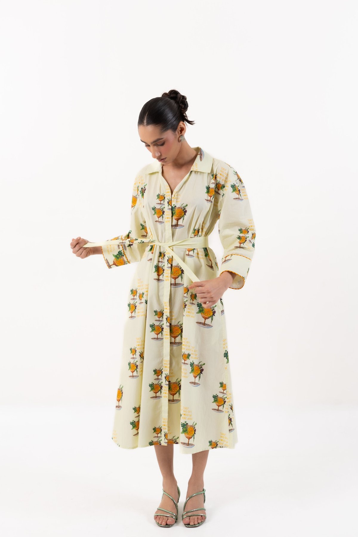 Pale Yellow Printed Midi Shirt Dress with Detachable Belt