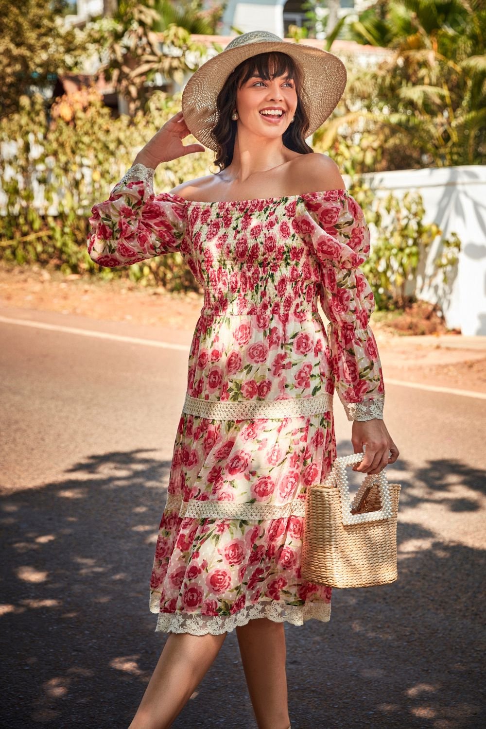 Dainty Rose Printed Off Shoulder Dress