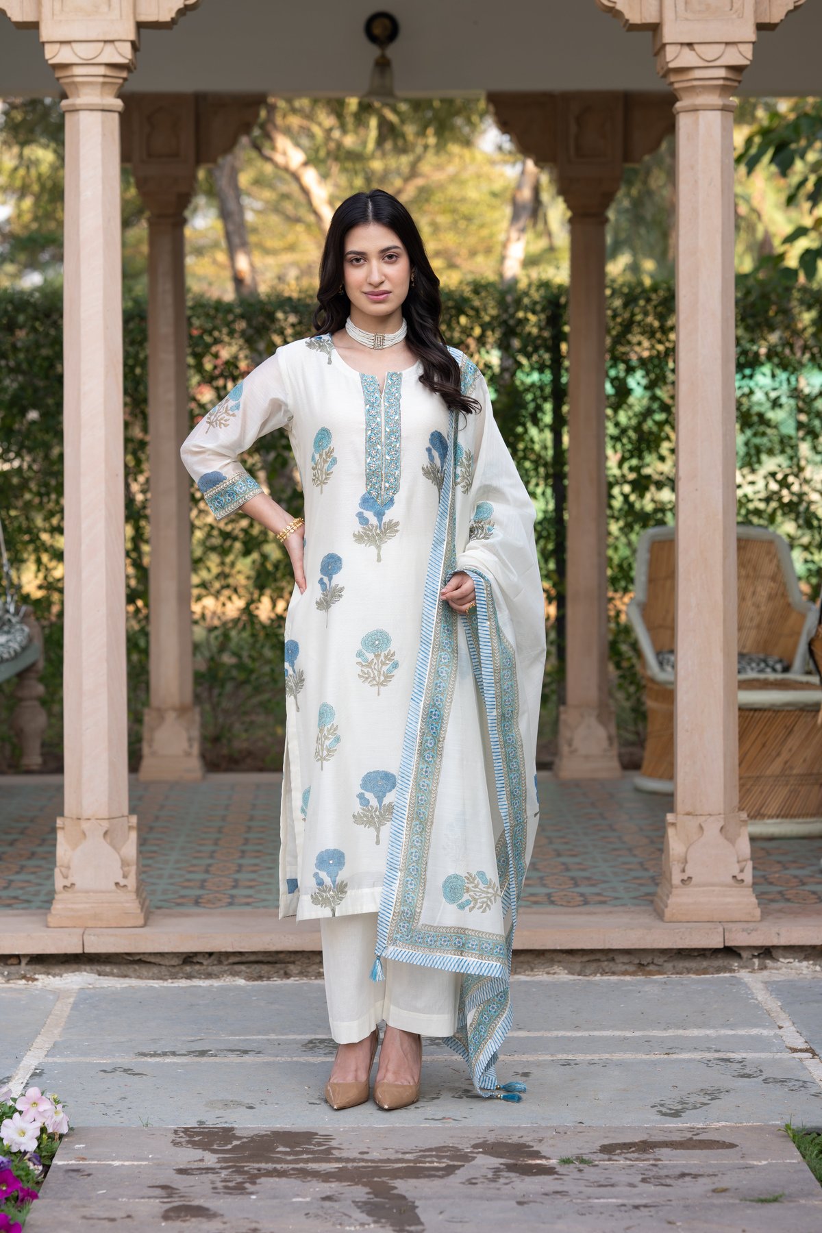 Off White Blue Mughal Block Print Chanderi Set