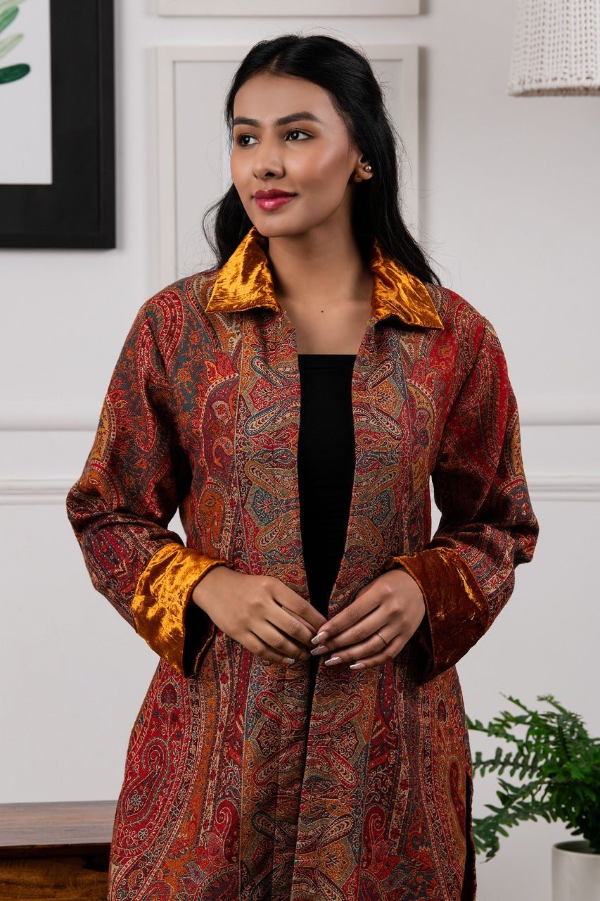 Mustard Wool Jacquard Longline Coat with Velvet Trim