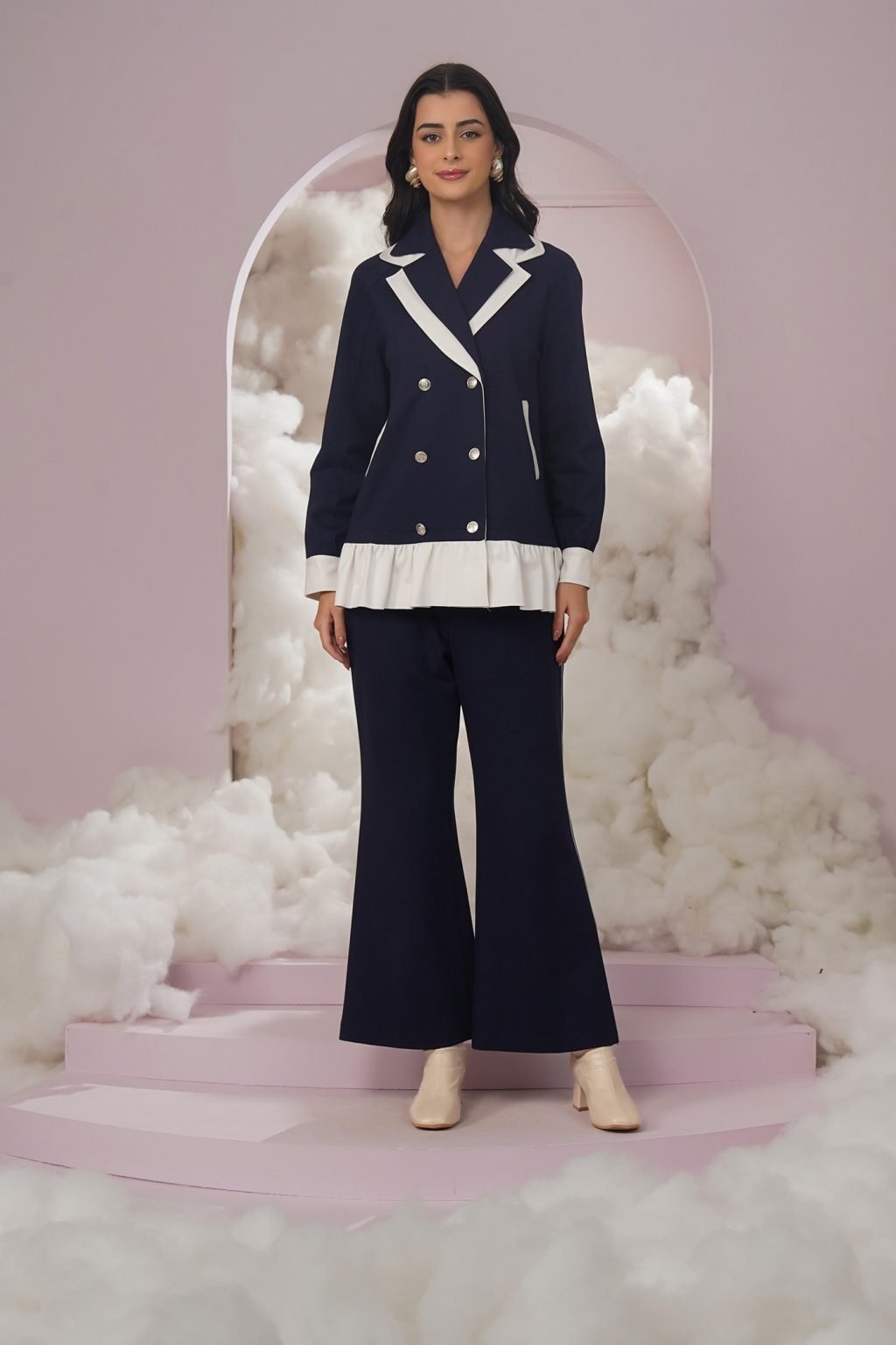 Navy/White Tailored Lapel Collar Button-Front Top