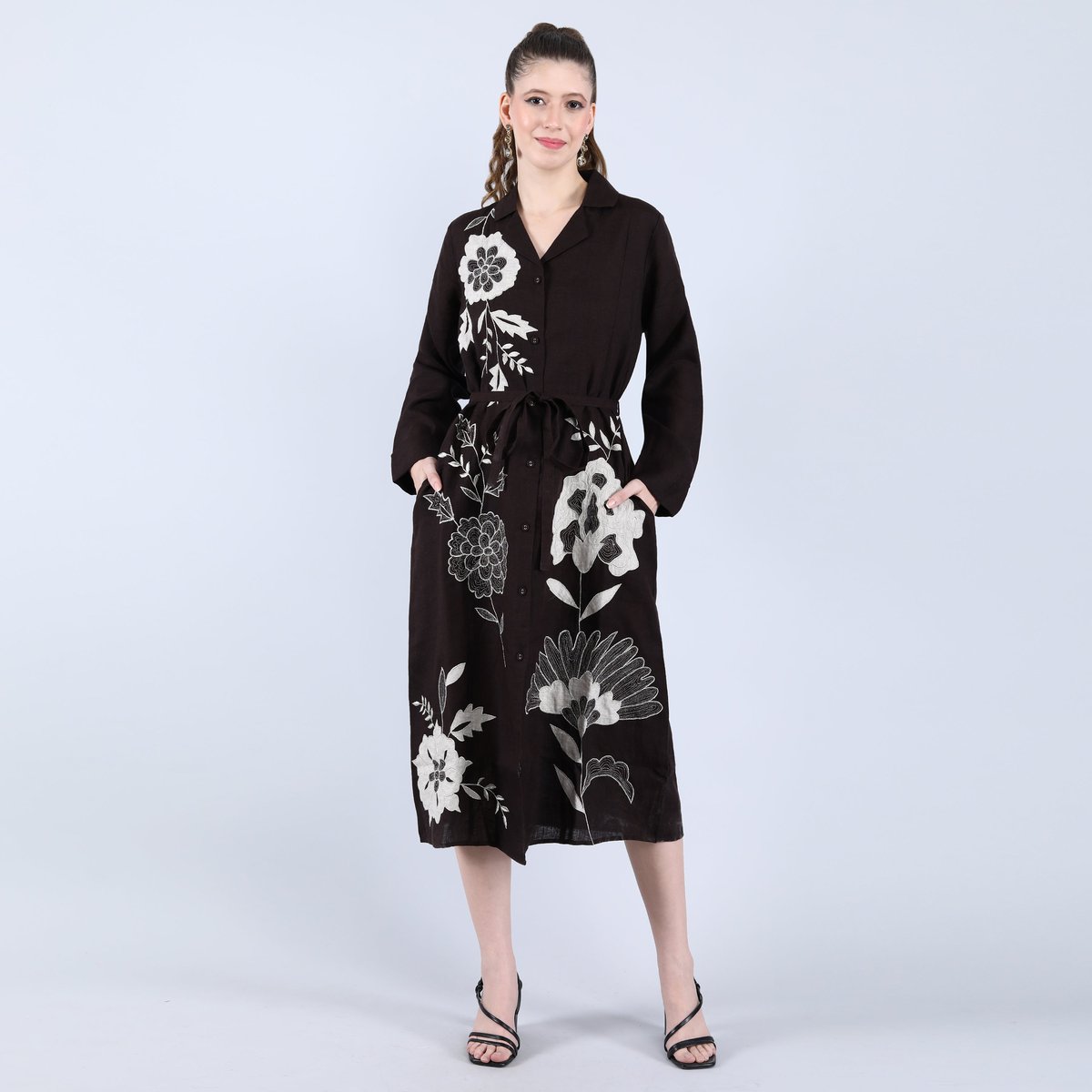 Black Linen Midi Shirt Dress with Floral Applique