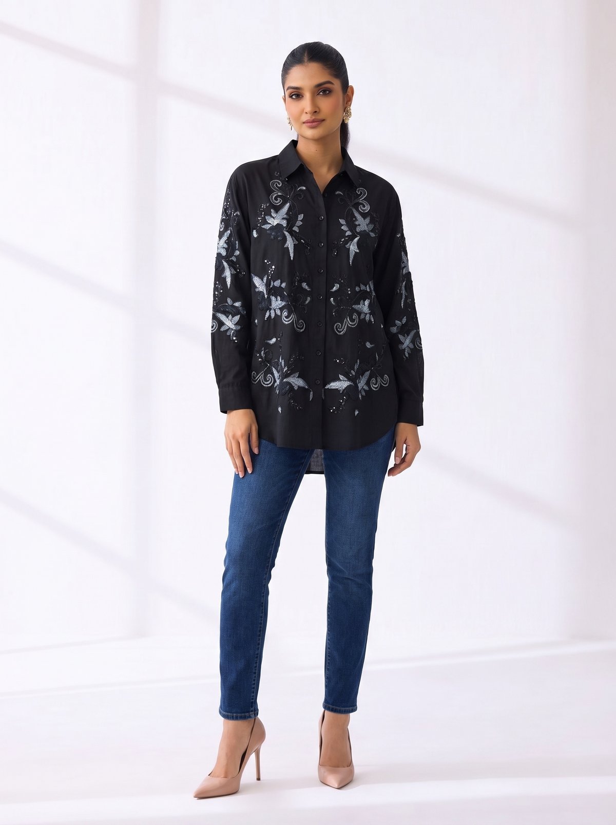 Black Linen Button-Down Shirt with Silver Motif Detail