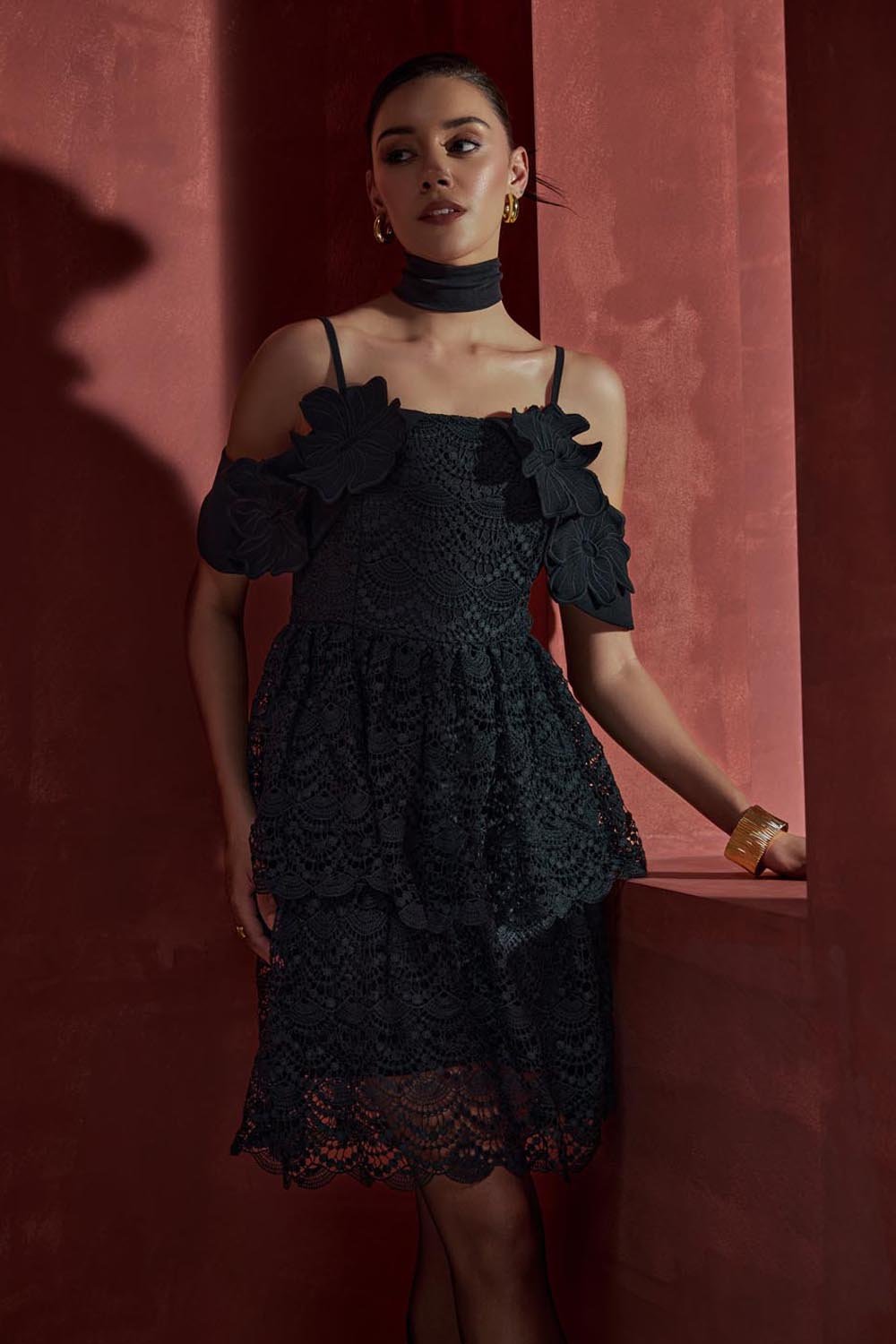 Black Off-Shoulder Lace Tiered Mini Dress with 3D Florals