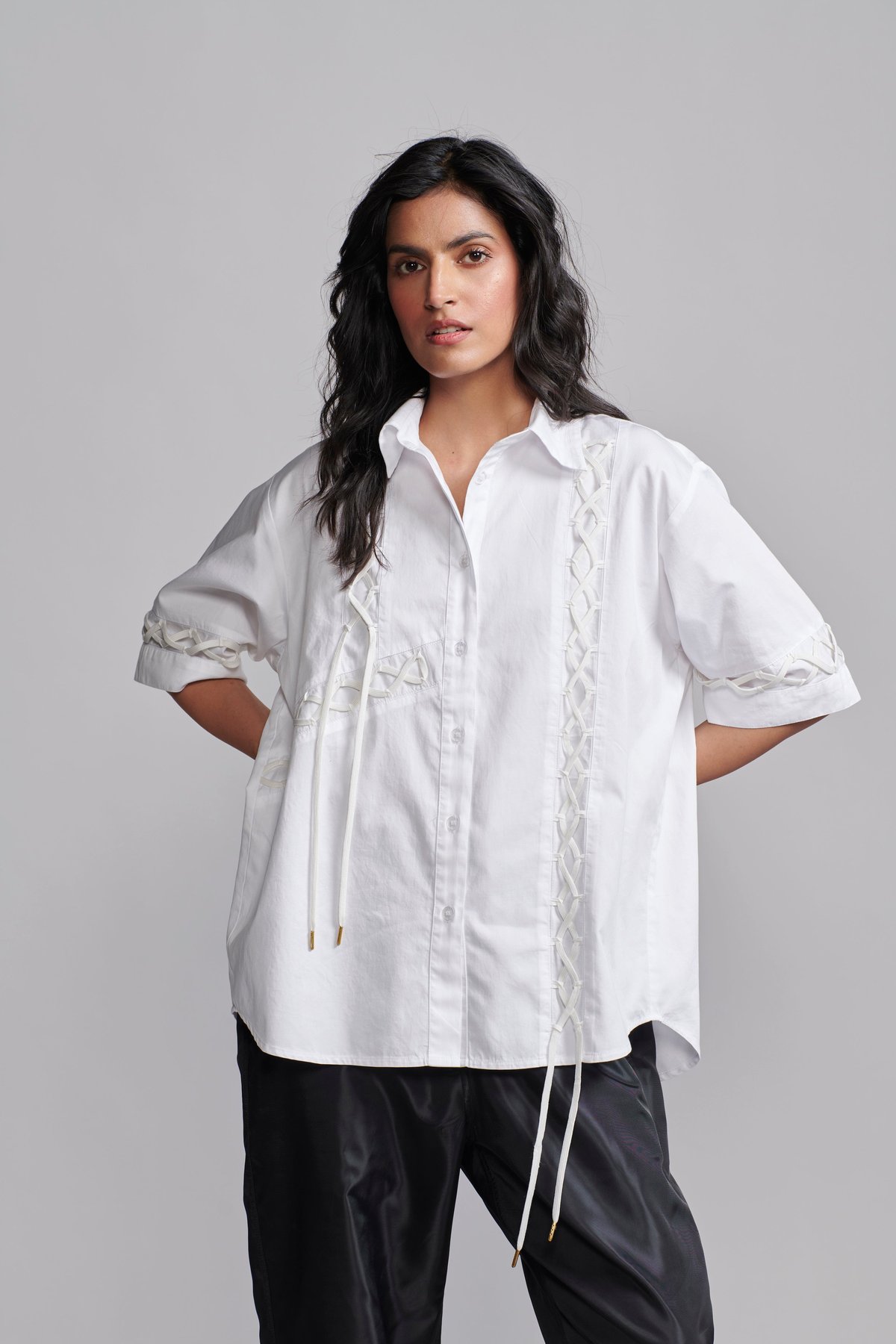 White Shoelace Detail Relaxed Fit Poplin Shirt