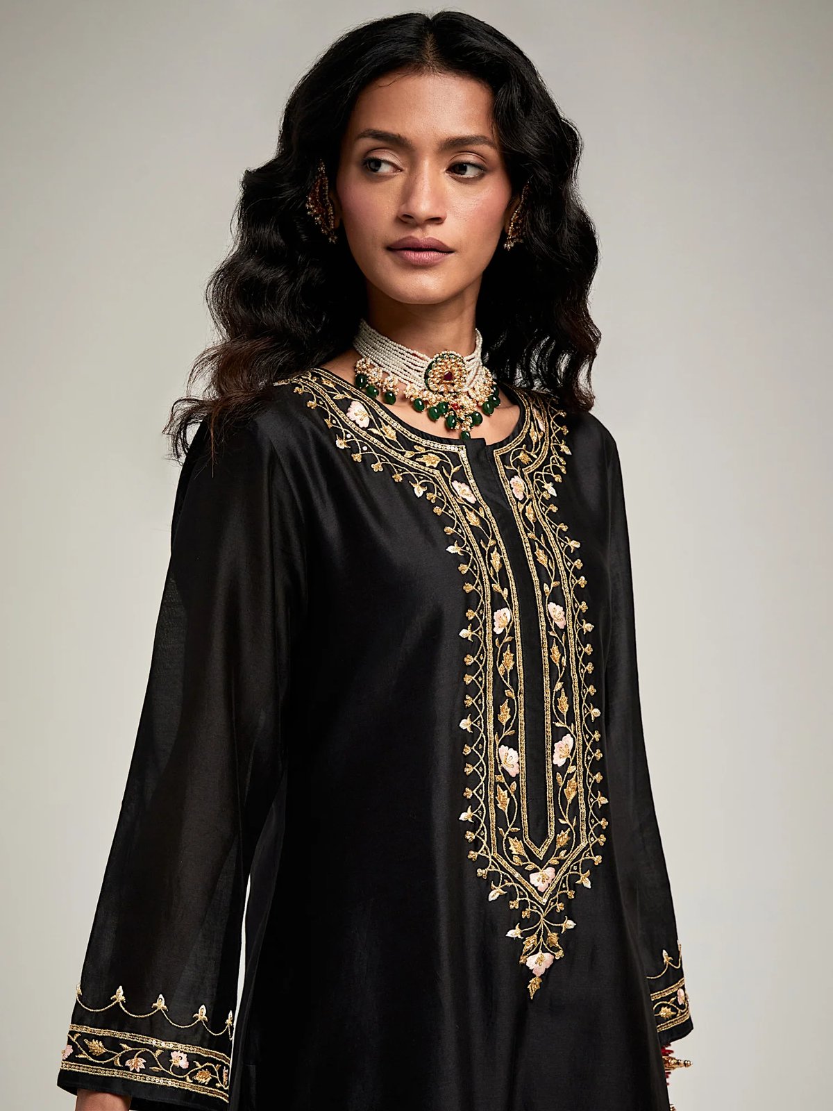 Black Silk Chanderi Embroidered Placket Kurta
