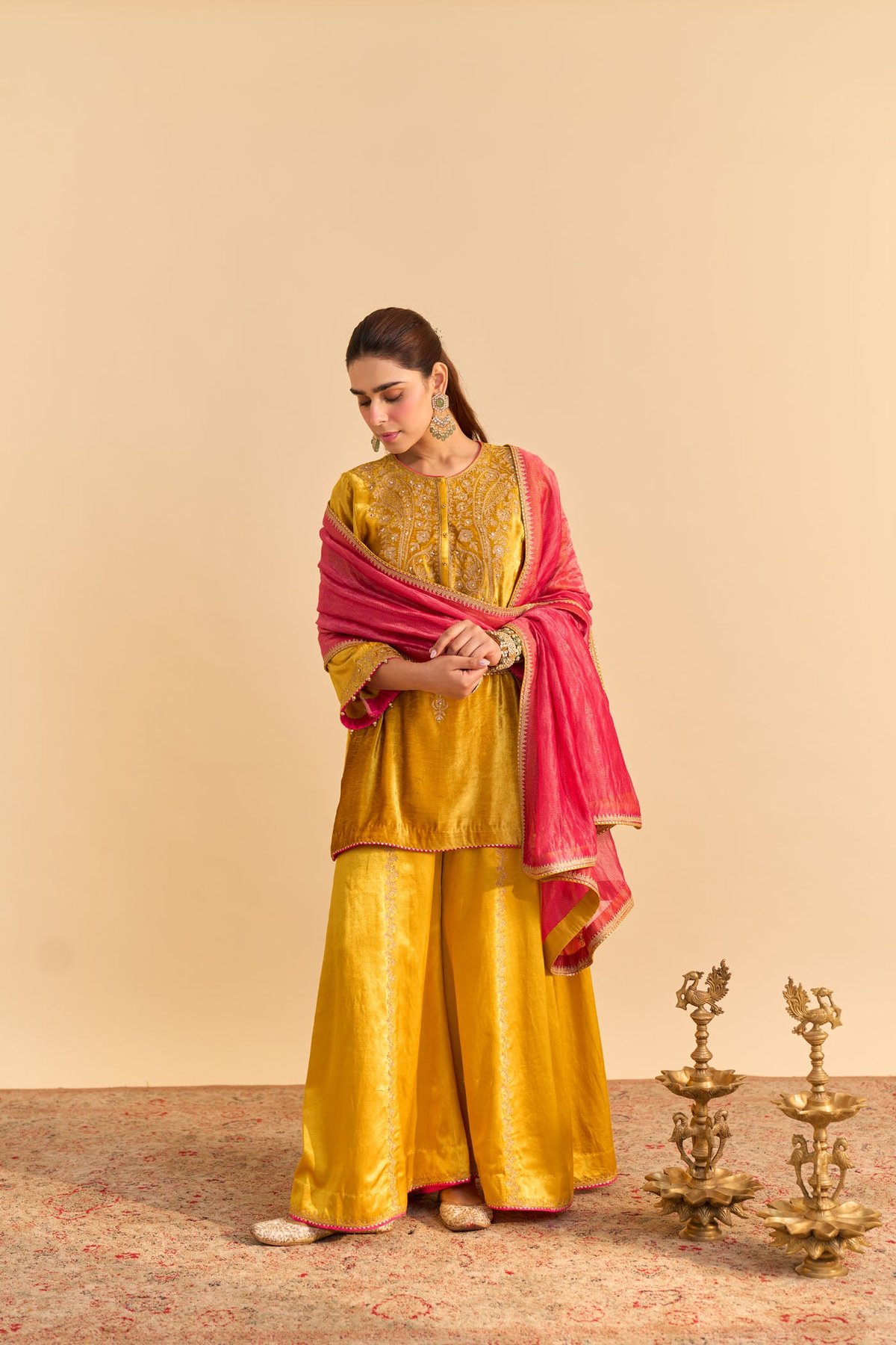 Mustard Velvet Silk Embroidered Kurta Sharara Set