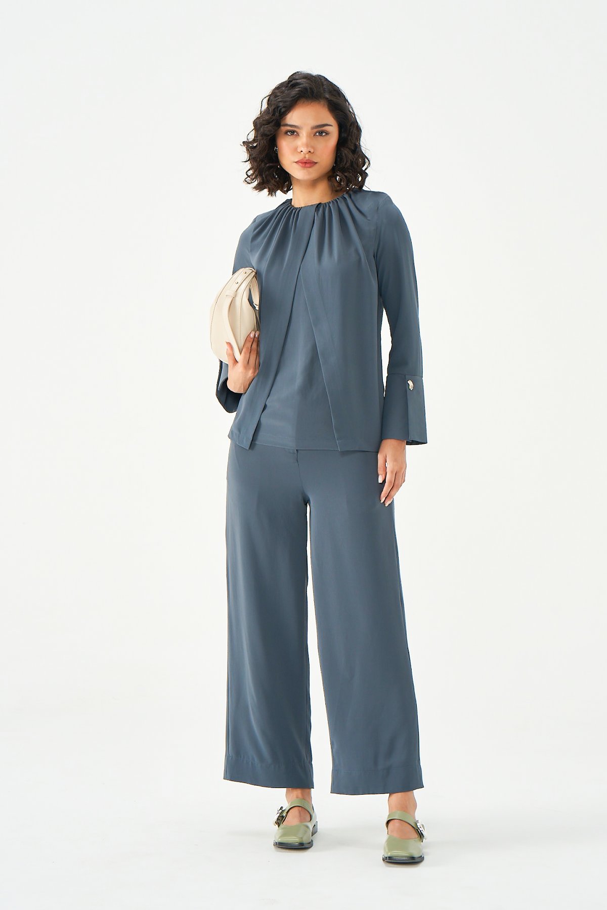 Slate Grey Crepe Co-ord Set with High-Neck Top and Wide-Leg Pants