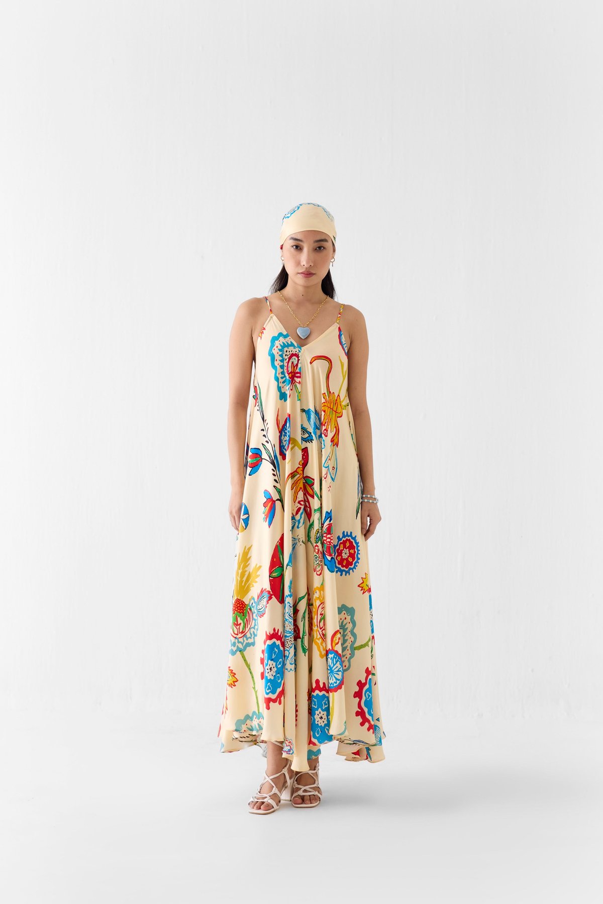 Cream Floral Printed Strappy Maxi Dress