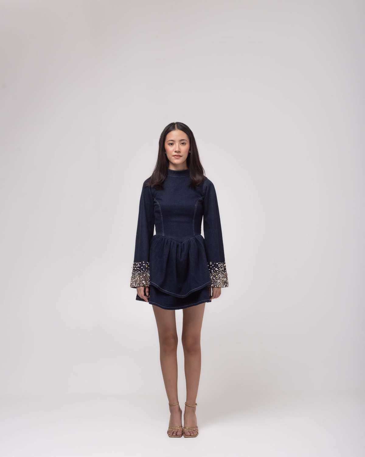 Dark Blue Denim Mini Dress with Embellished Flared Sleeves