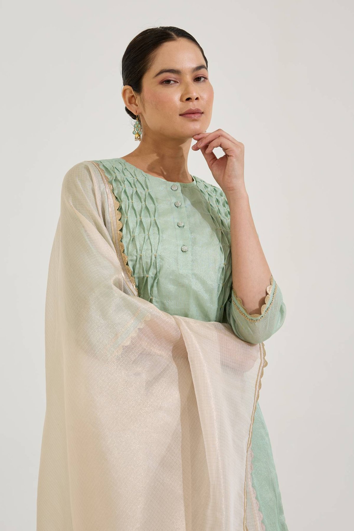 Mint A-Line Chanderi Stripe Kurta Set with Dupatta