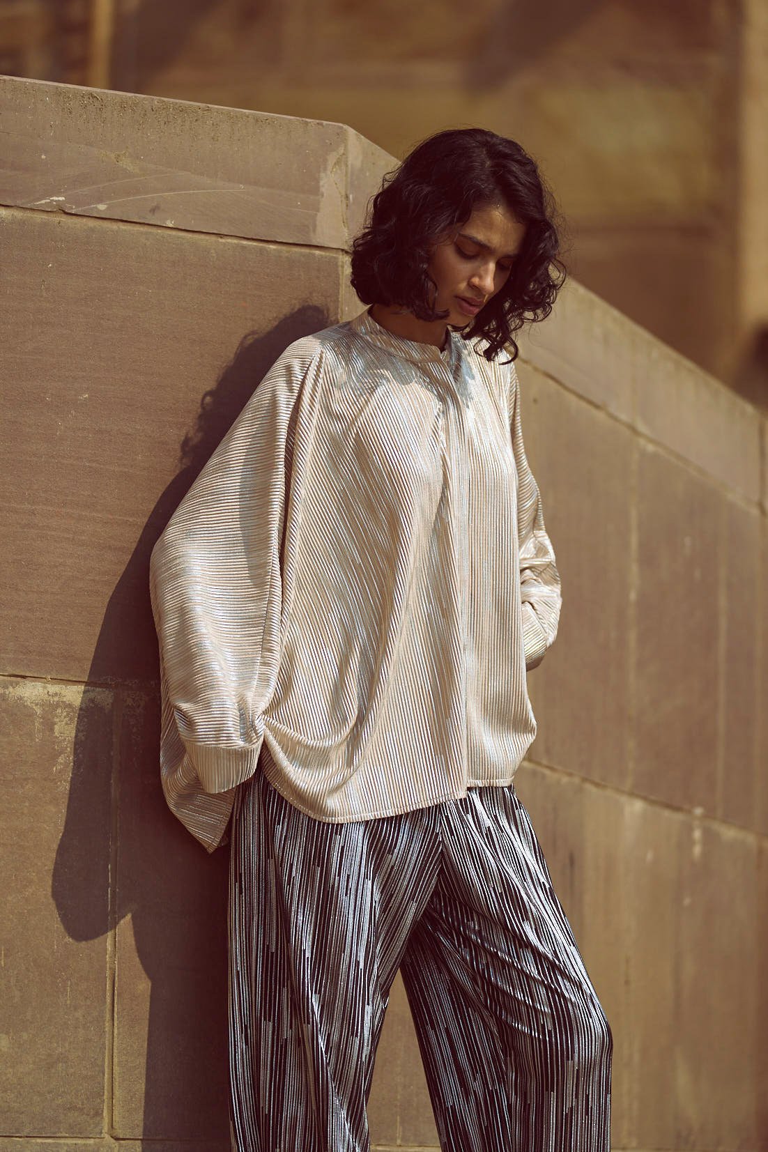 Ivory Metallic Foil Pleated Boxy Top with Mandarin Collar