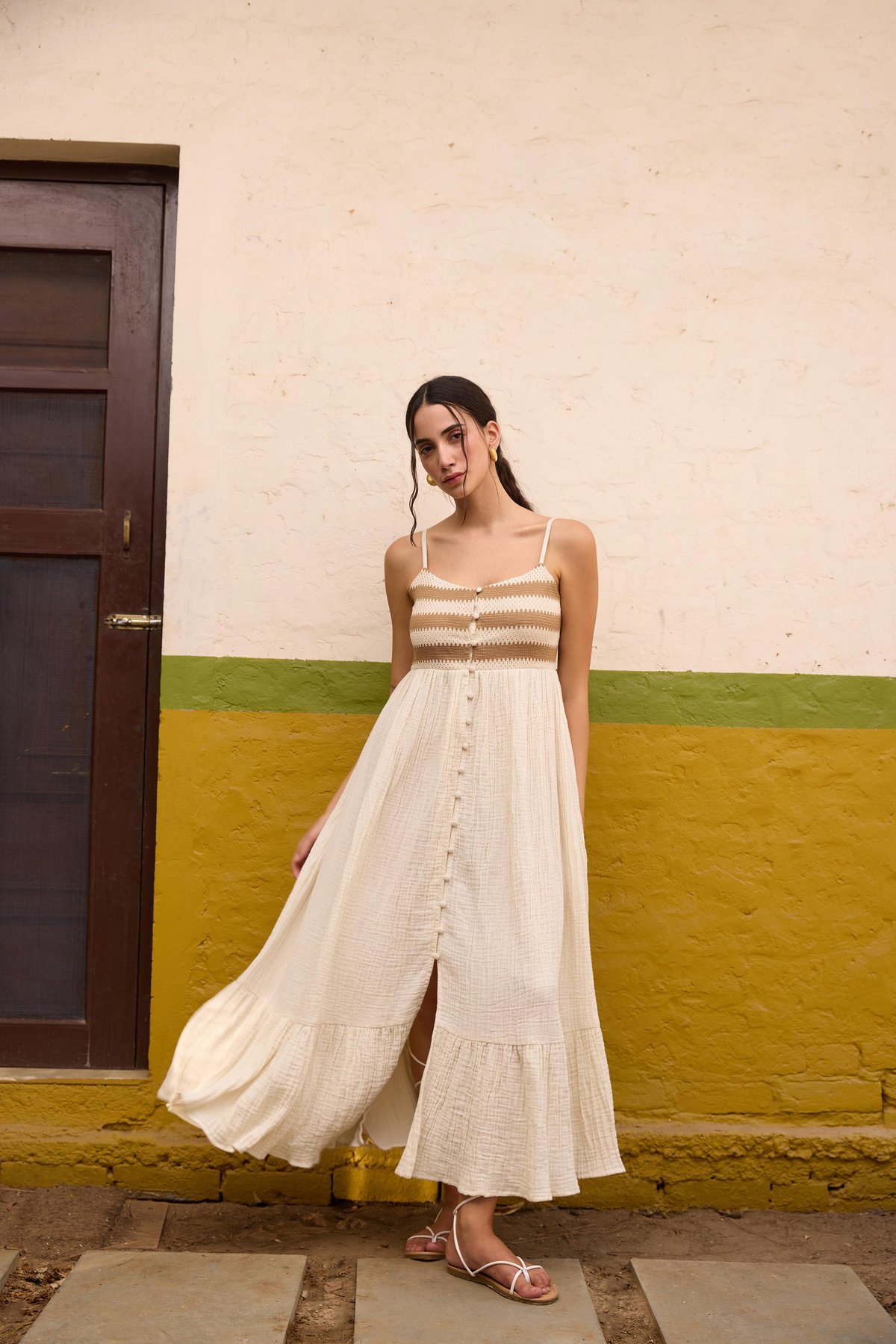 Brown and Ivory Button-Down Maxi Dress with Lace Bodice