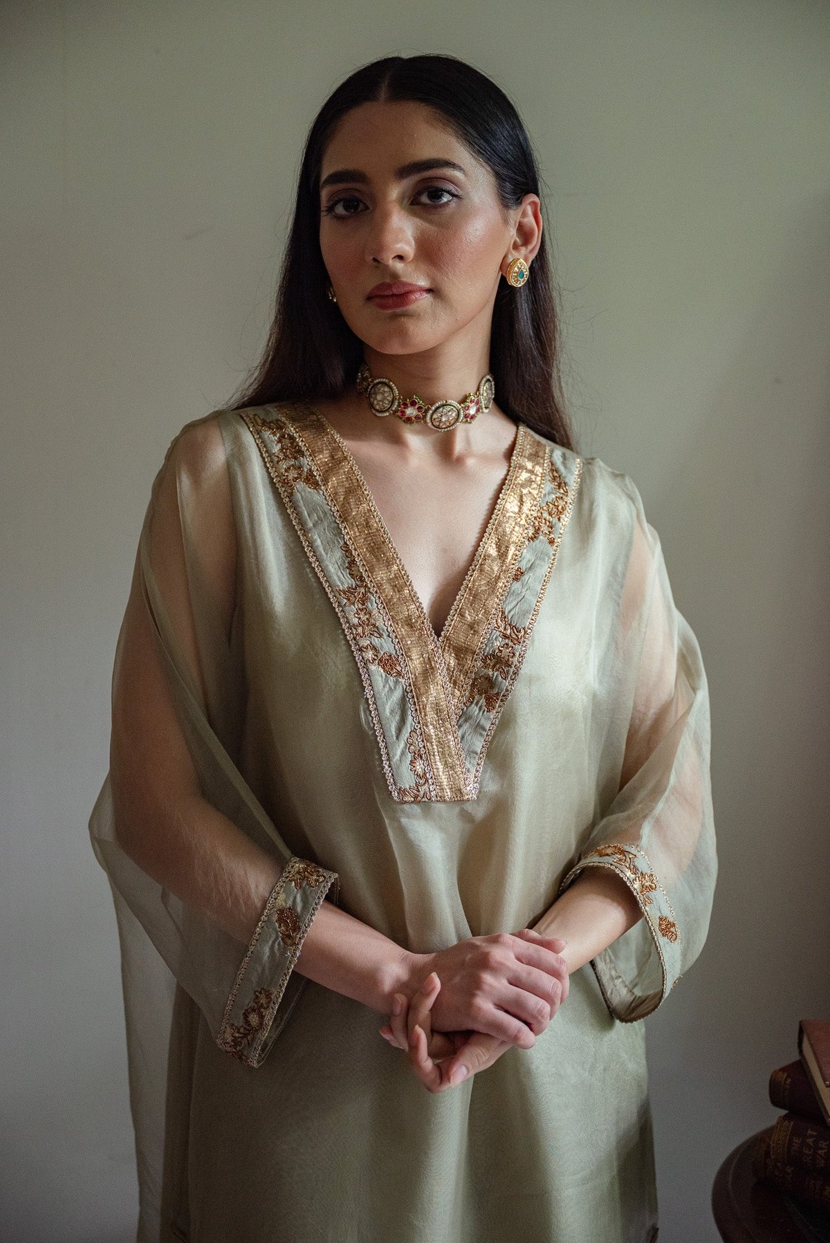 Waahida Kaftan In Sage Green Organza With Satin Silk Slip