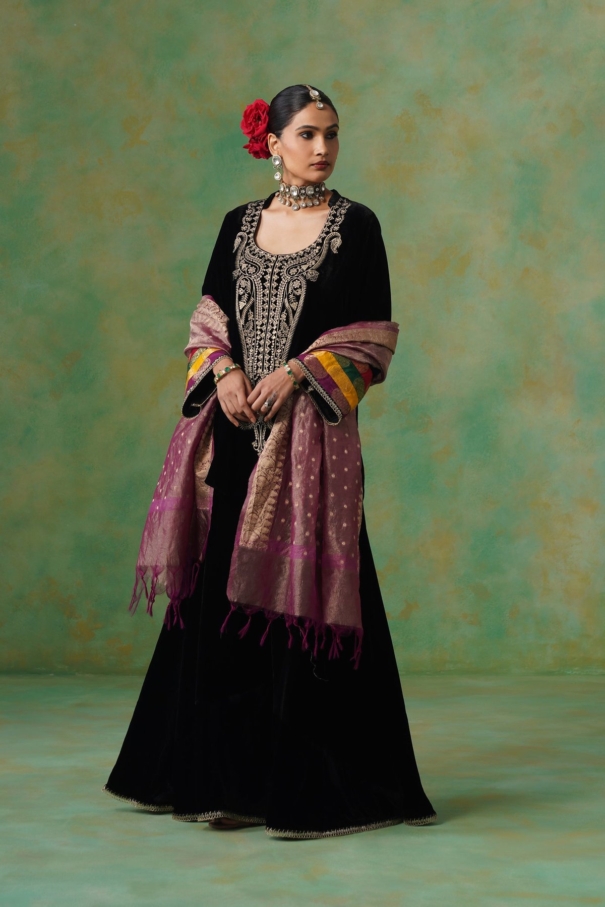 Black Velvet Embroidered Kurta Sharara Set