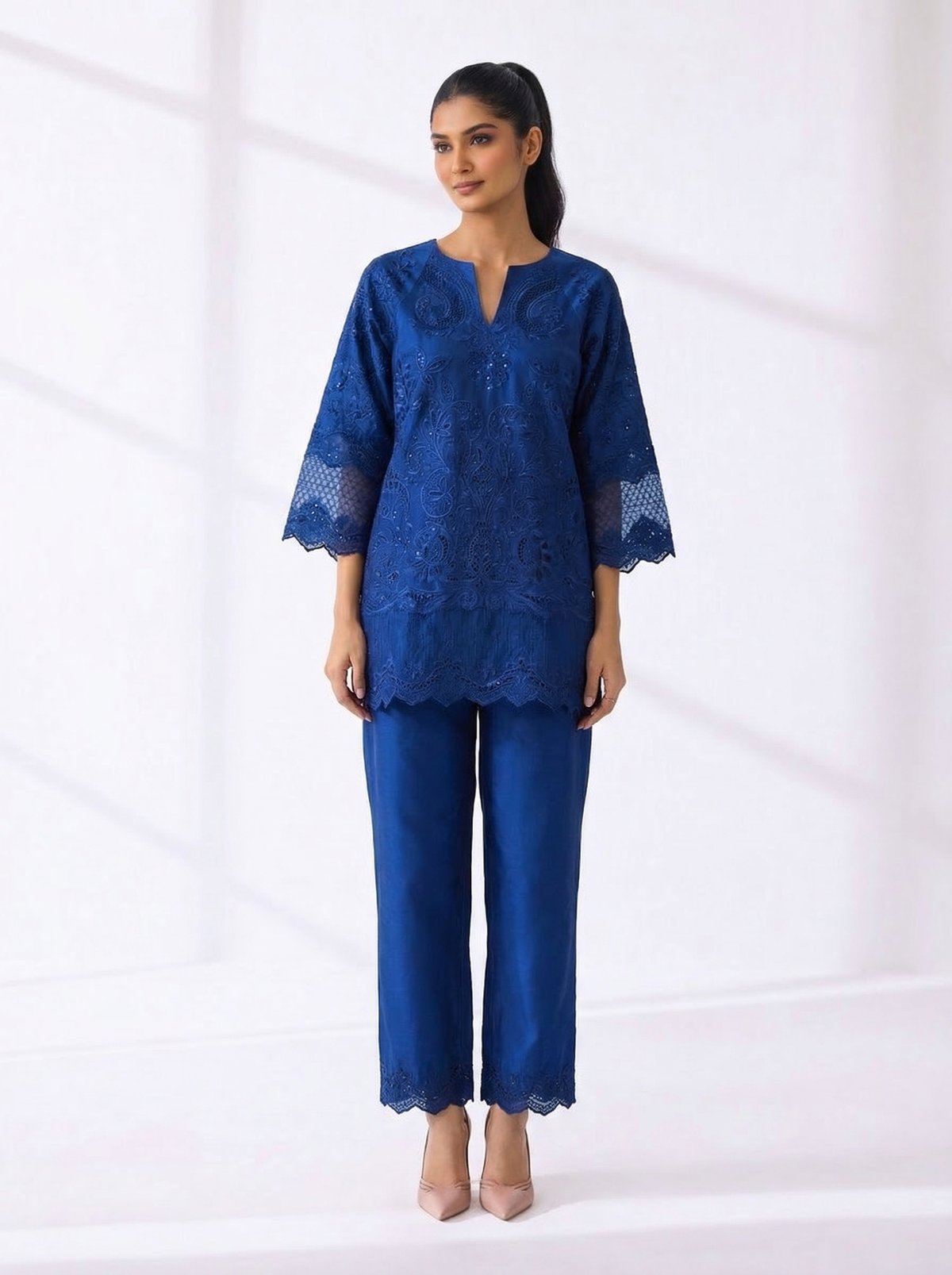 Navy Blue Embroidered Cutwork Kurta Pant Set