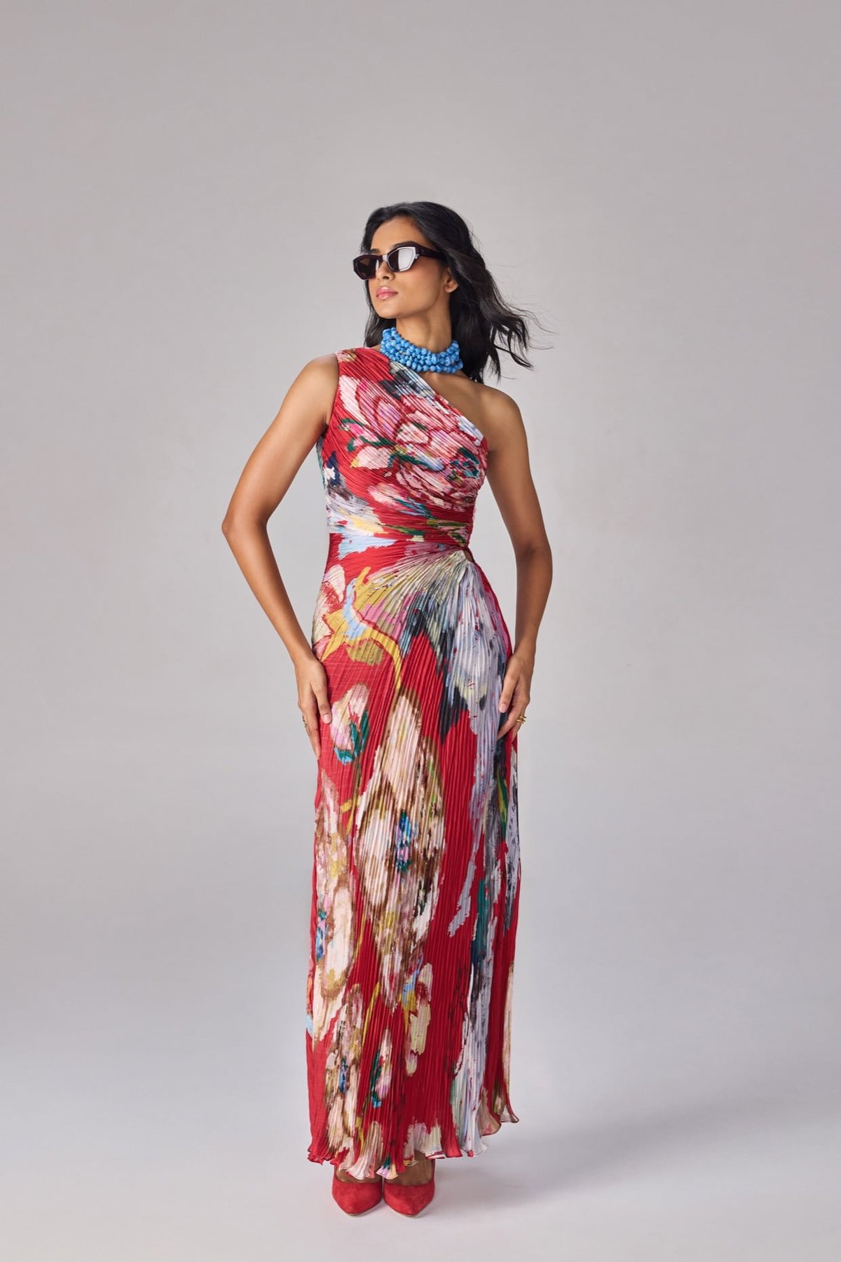 Red/Multi One-Shoulder Pleated Printed Maxi Dress