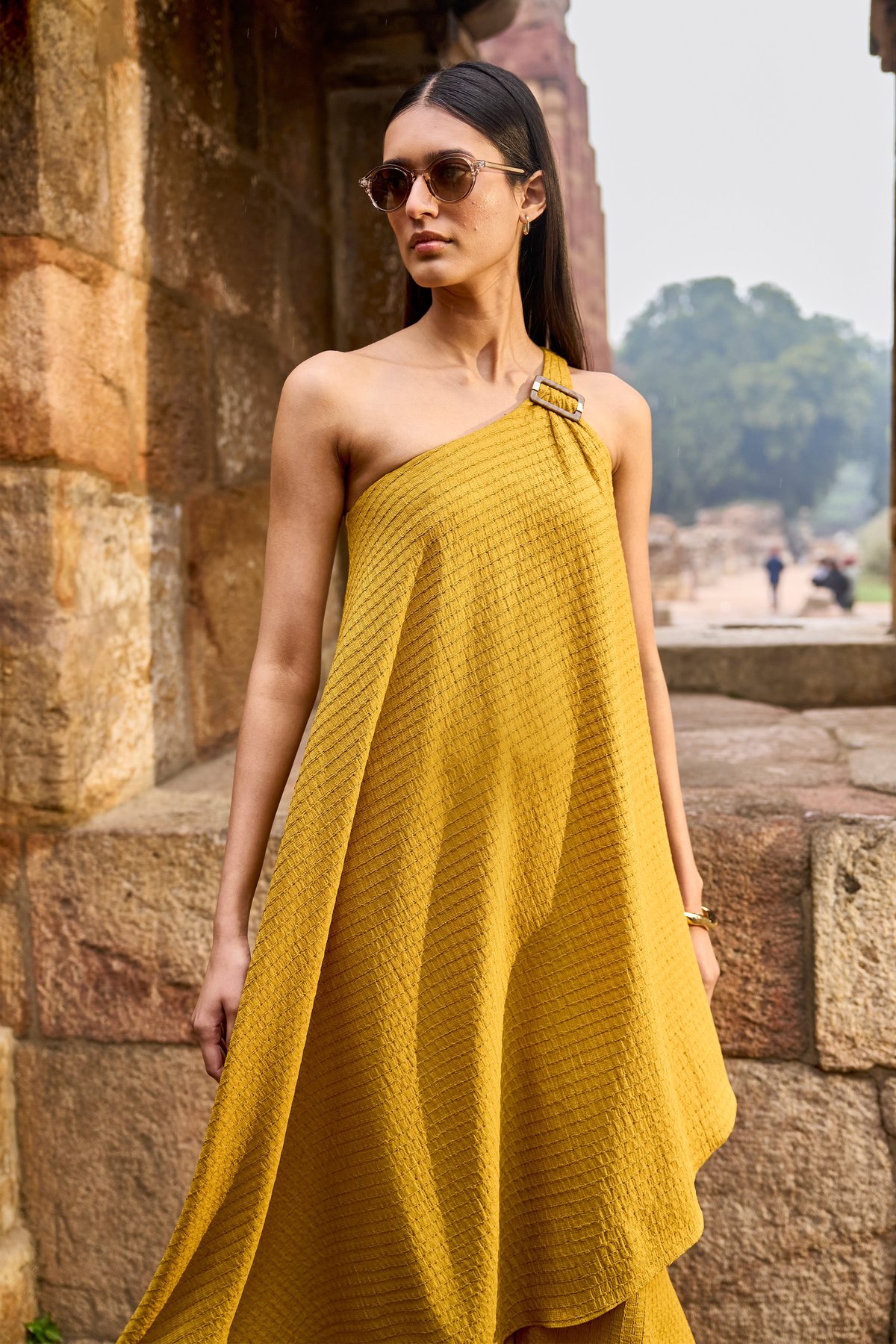Tuscan Yellow One-Shoulder Textured Flared Top