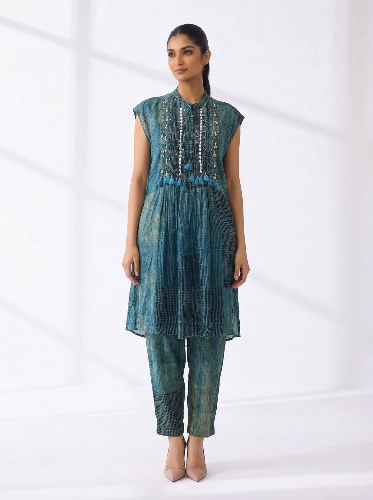 Teal Modal Satin Embellished Kaftan Pant Co-ord Set