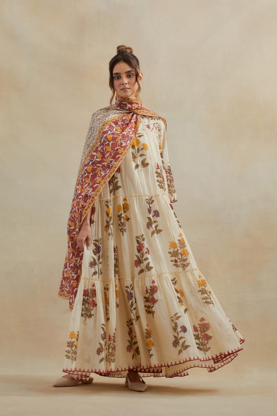 Beige Cotton Chanderi Three-Tiered Kurta Set
