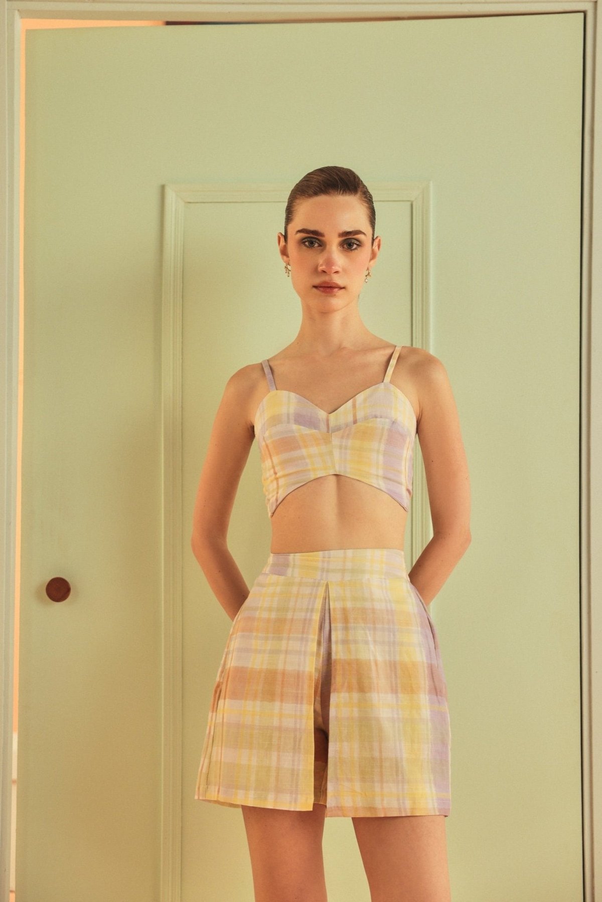 Pastel Check Cotton Linen Cropped Sweetheart Neck Top