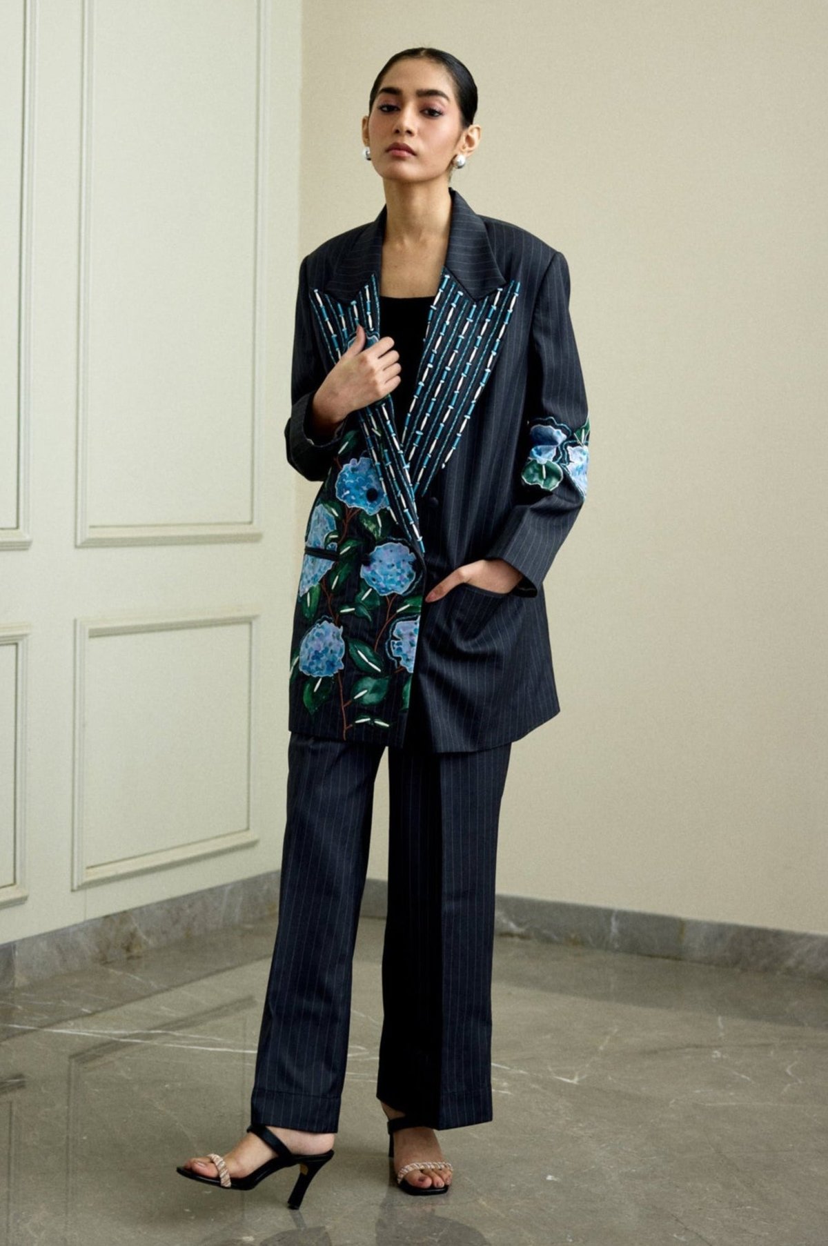 Blue Pinstripe Blazer and Wide-Leg Pant Co-ord Set