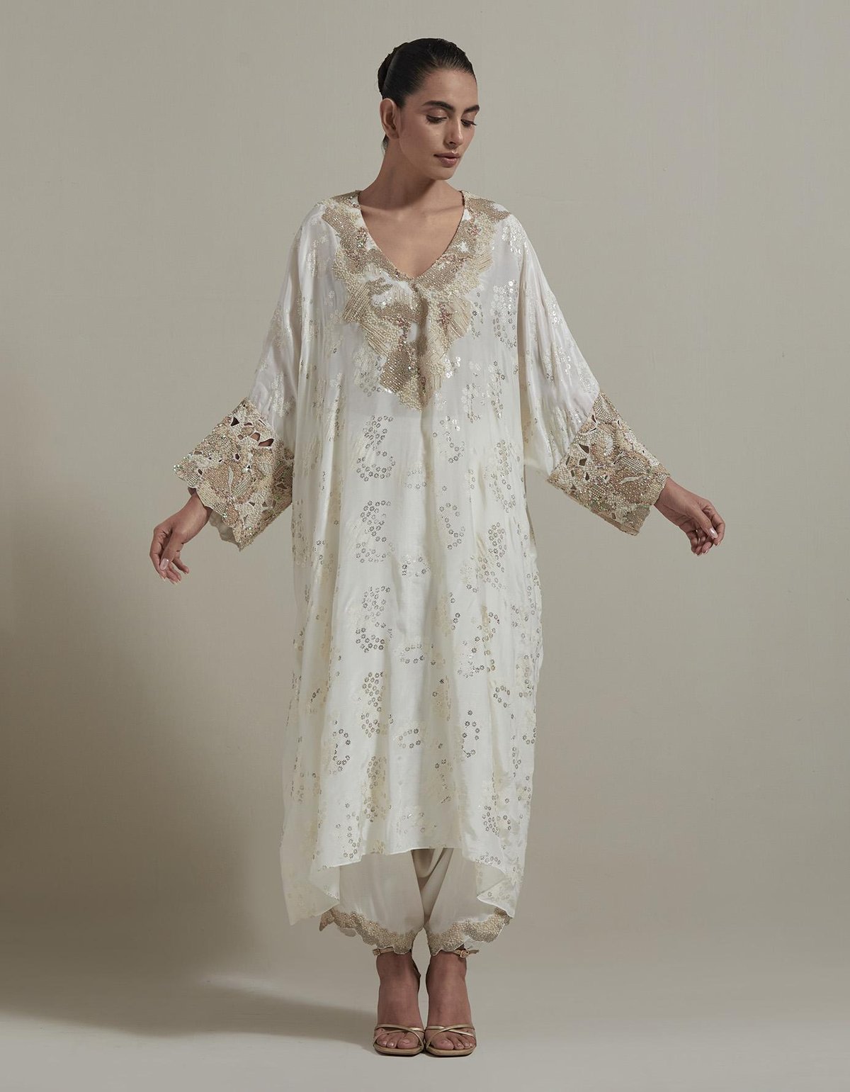 Ivory Emroidered Kaftan Kurta With Pants