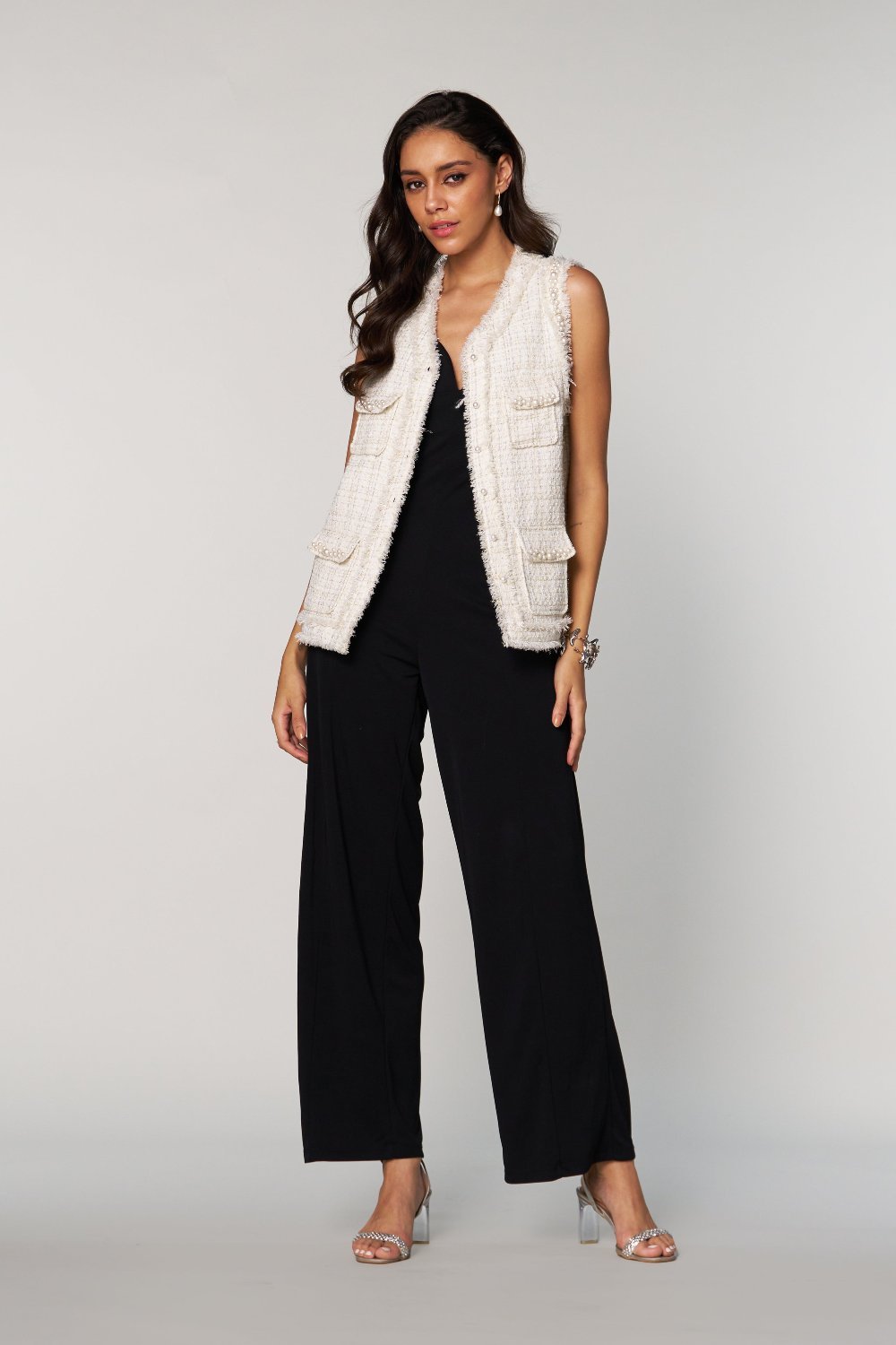 White Textured Sleeveless Longline Jacket with Pearl Detail