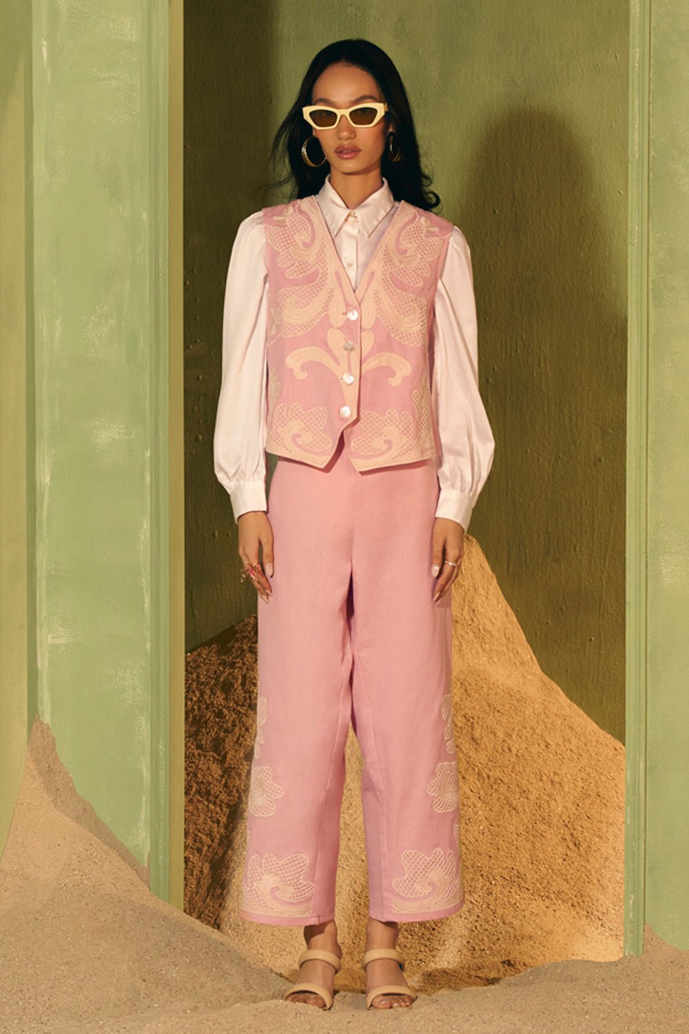 Pink Linen Cutwork Waistcoat and Wide-Leg Pants Co-ord Set