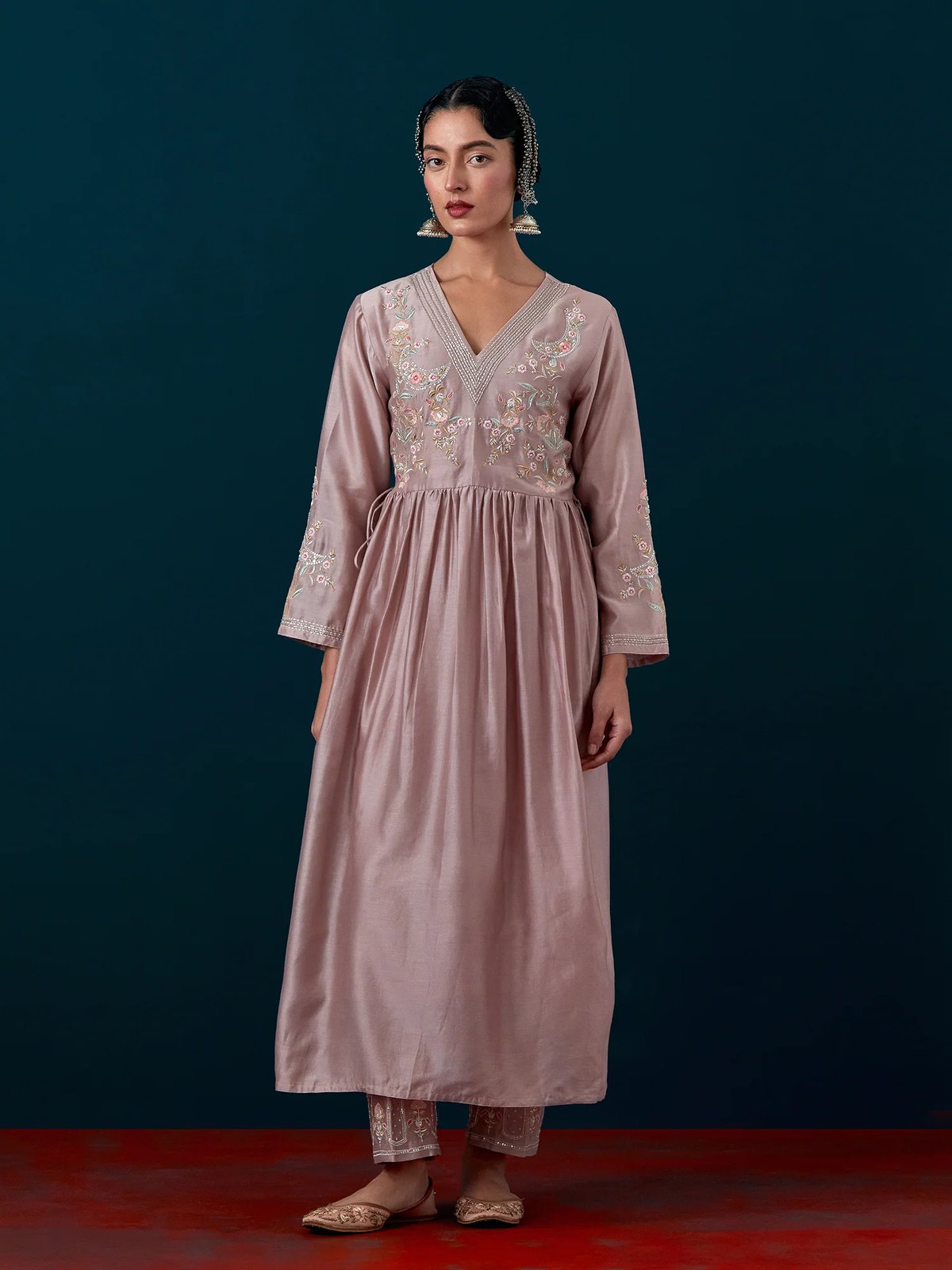 Onion Pink Silk Chanderi Embroidered Yoke Kurta Set