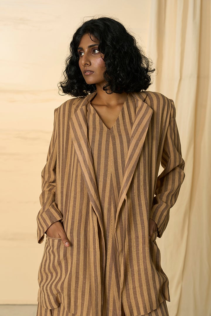 Beige Brown Striped Kala Cotton Tie-Up Wrap Blazer