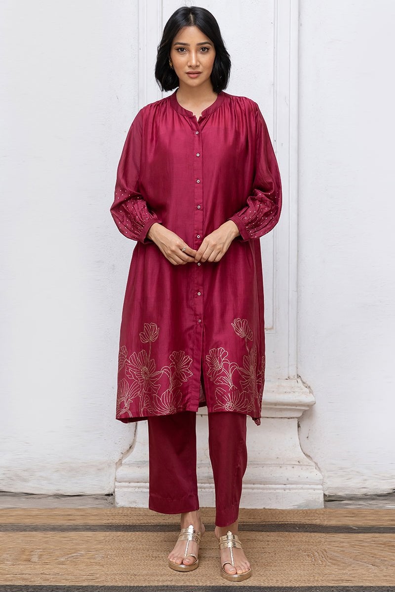 Wine Kurta and Straight Pants Co-ord Set