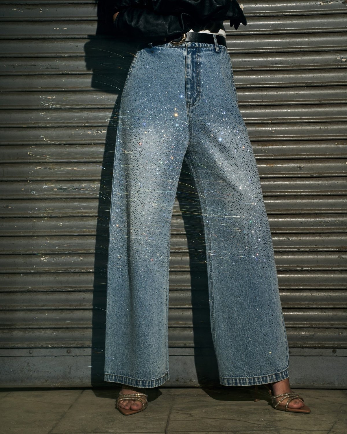 Blue Crystal Embellished Wide-Leg Jeans