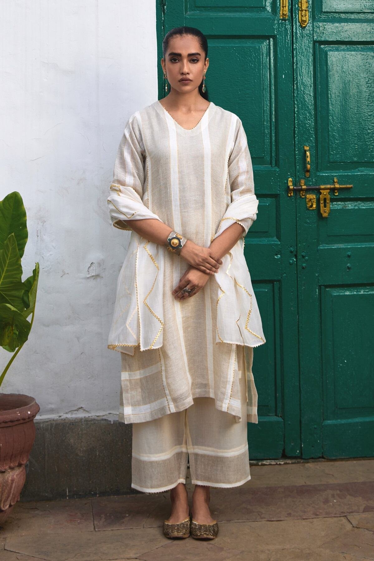Beige Striped Linen Kurta Set with Dupatta