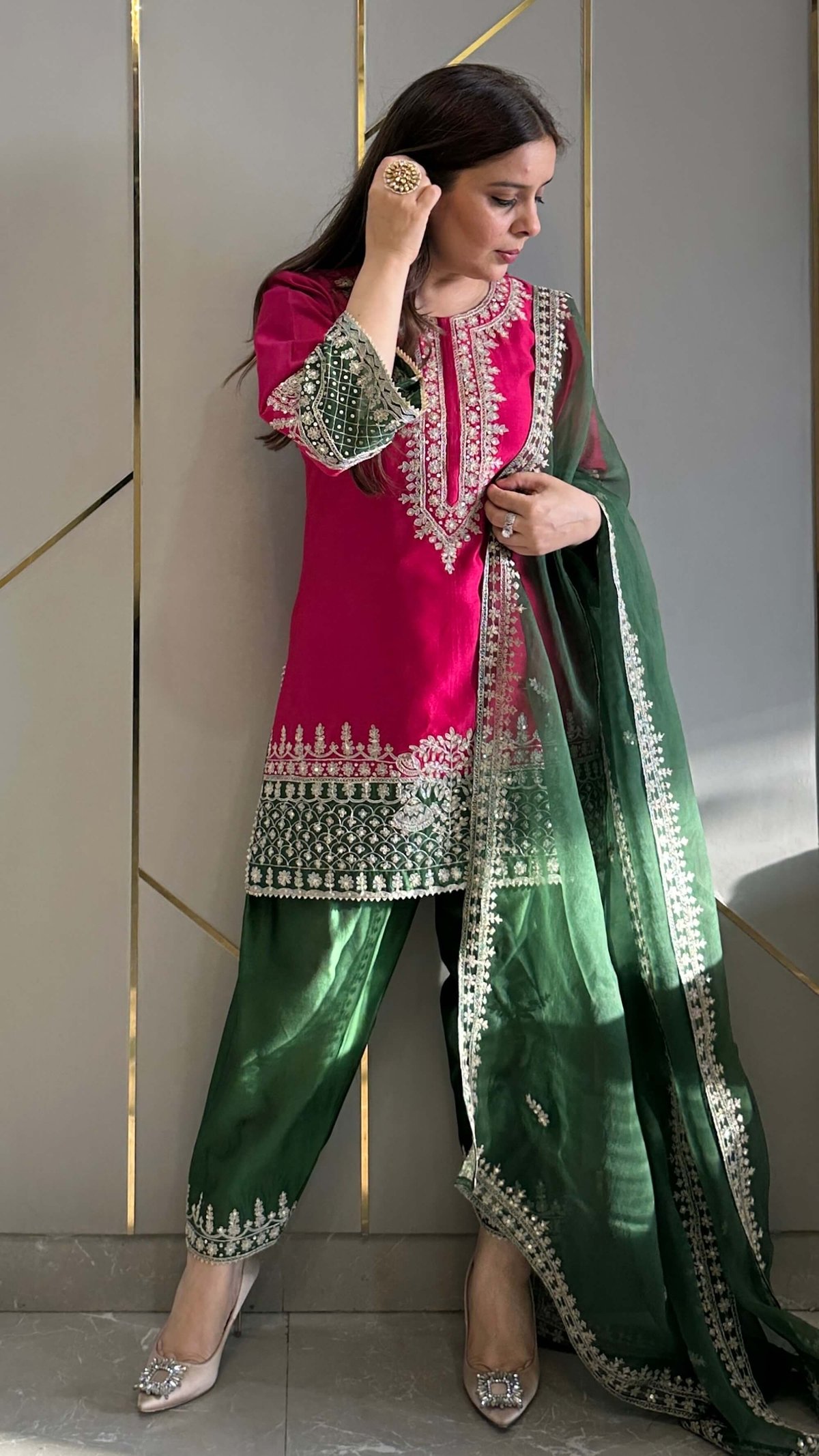 Magenta Chanderi Silk Embroidered Kurta Set with Salwar