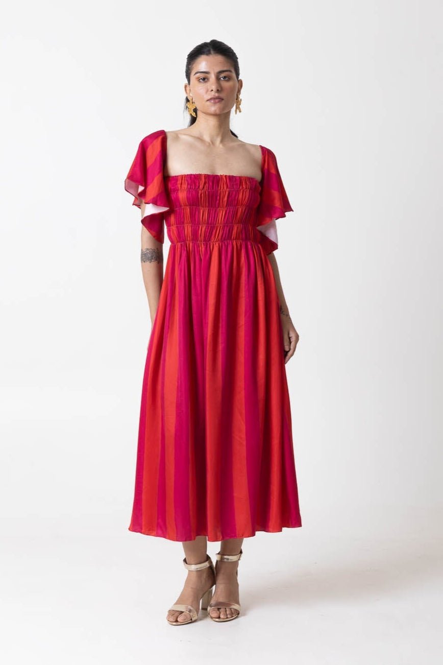 Pink Orange Striped Smocked Fit and Flare Midi Dress