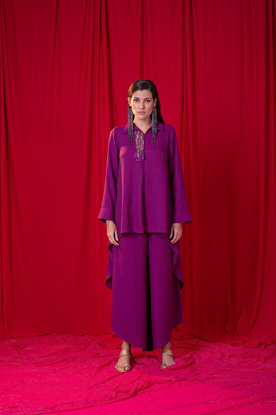 Purple Khadi Shirt and Wide-Leg Pants Co-ord Set