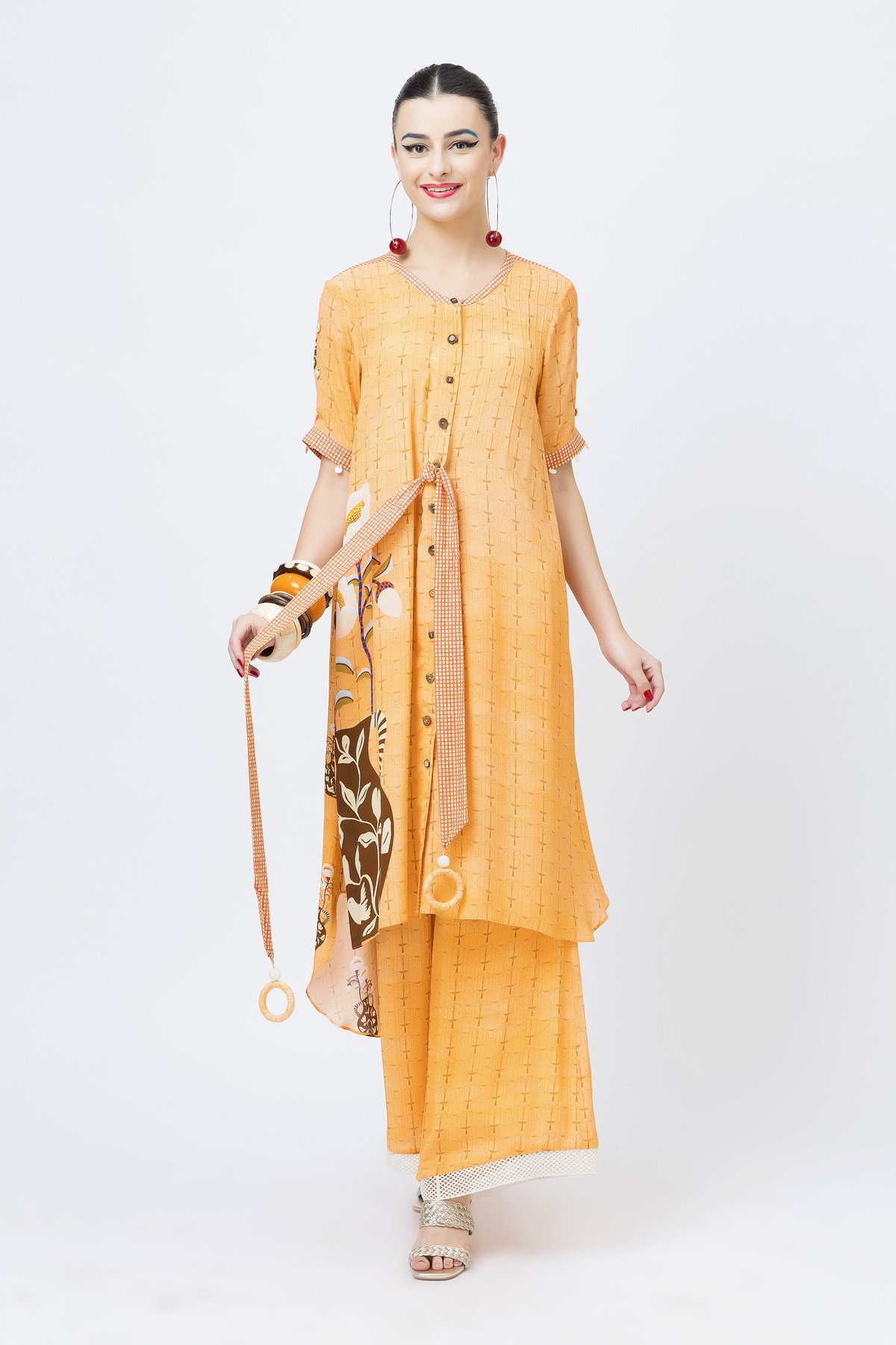 Orange Printed Crepe A-Line Kurta with Button Front