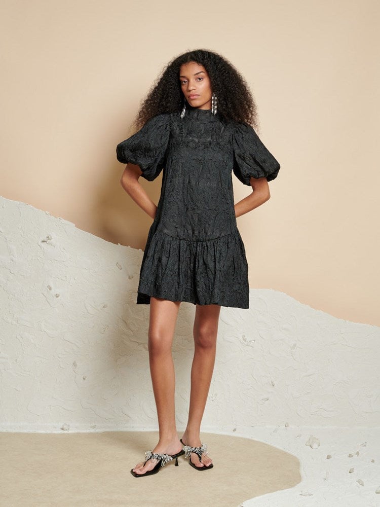 Black Jacquard Puff Sleeve Mini Dress