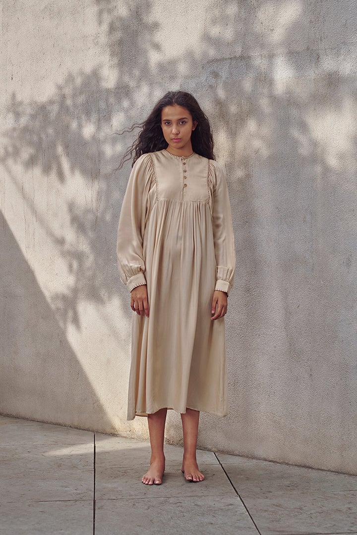 Beige Corn Husk Smock Midi Dress with Button Placket